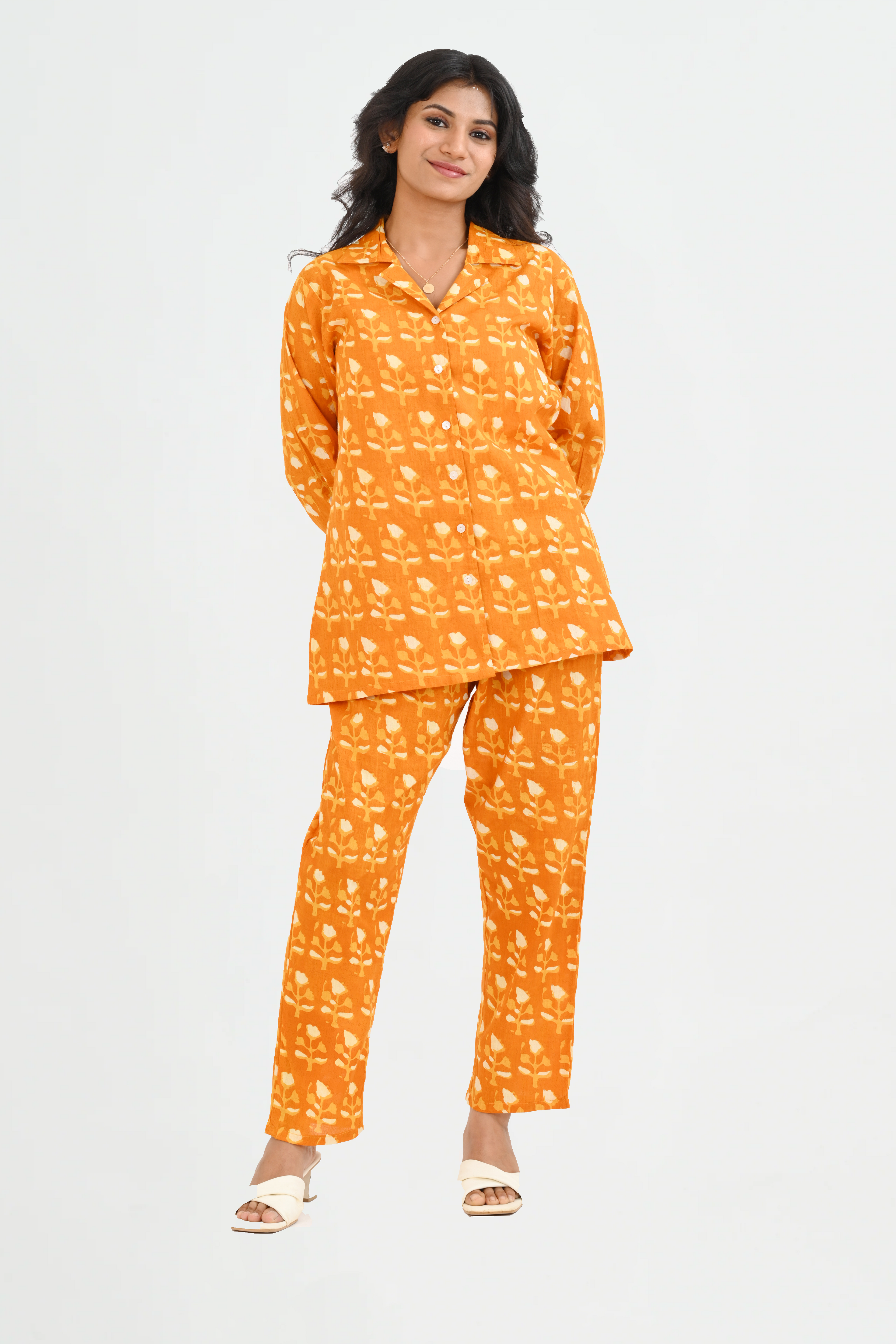 Pumpkin Orange Cotton Printed Pyjama Set Cuban Collar