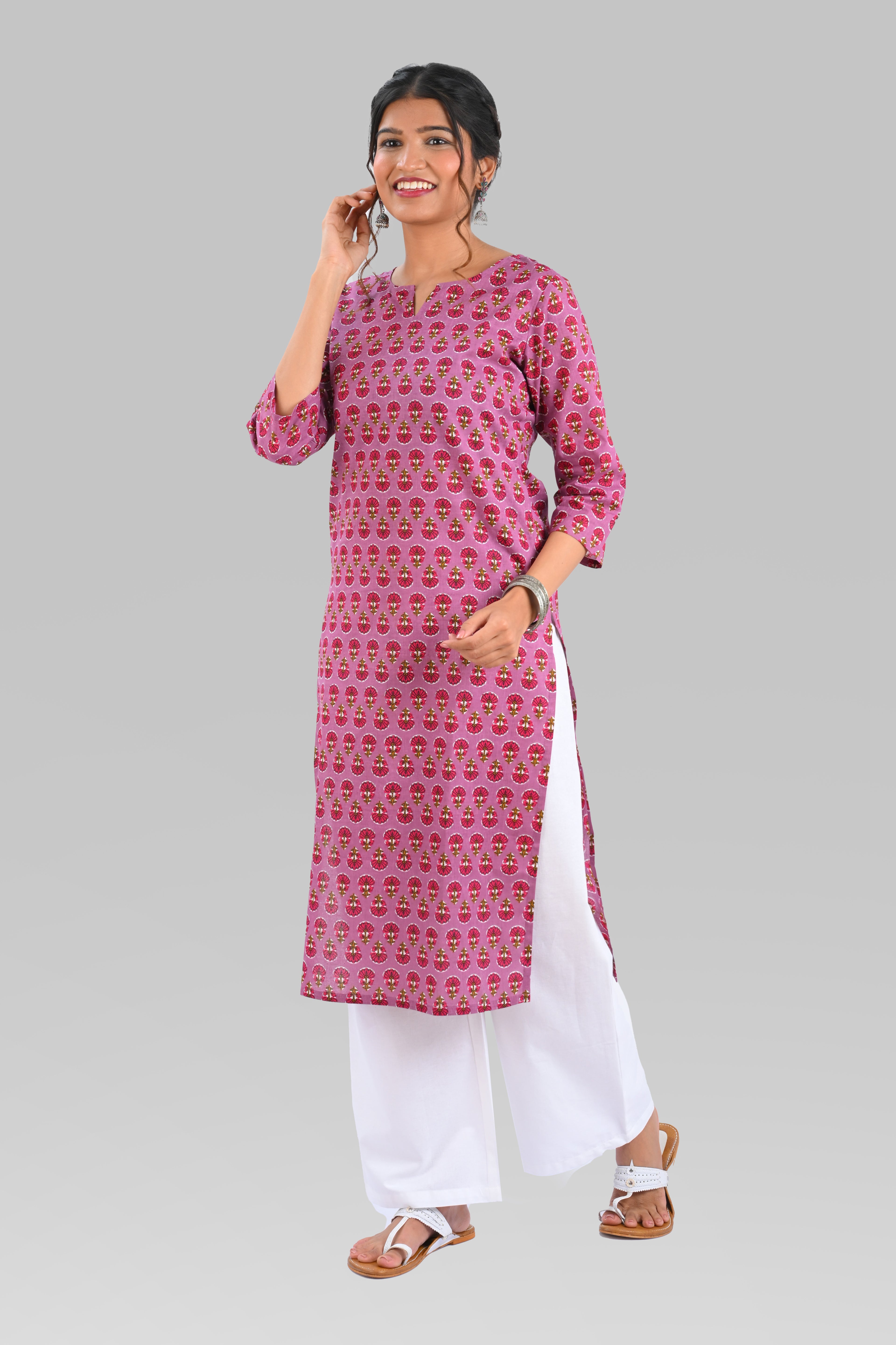 Purple Cotton Printed Long Kurta