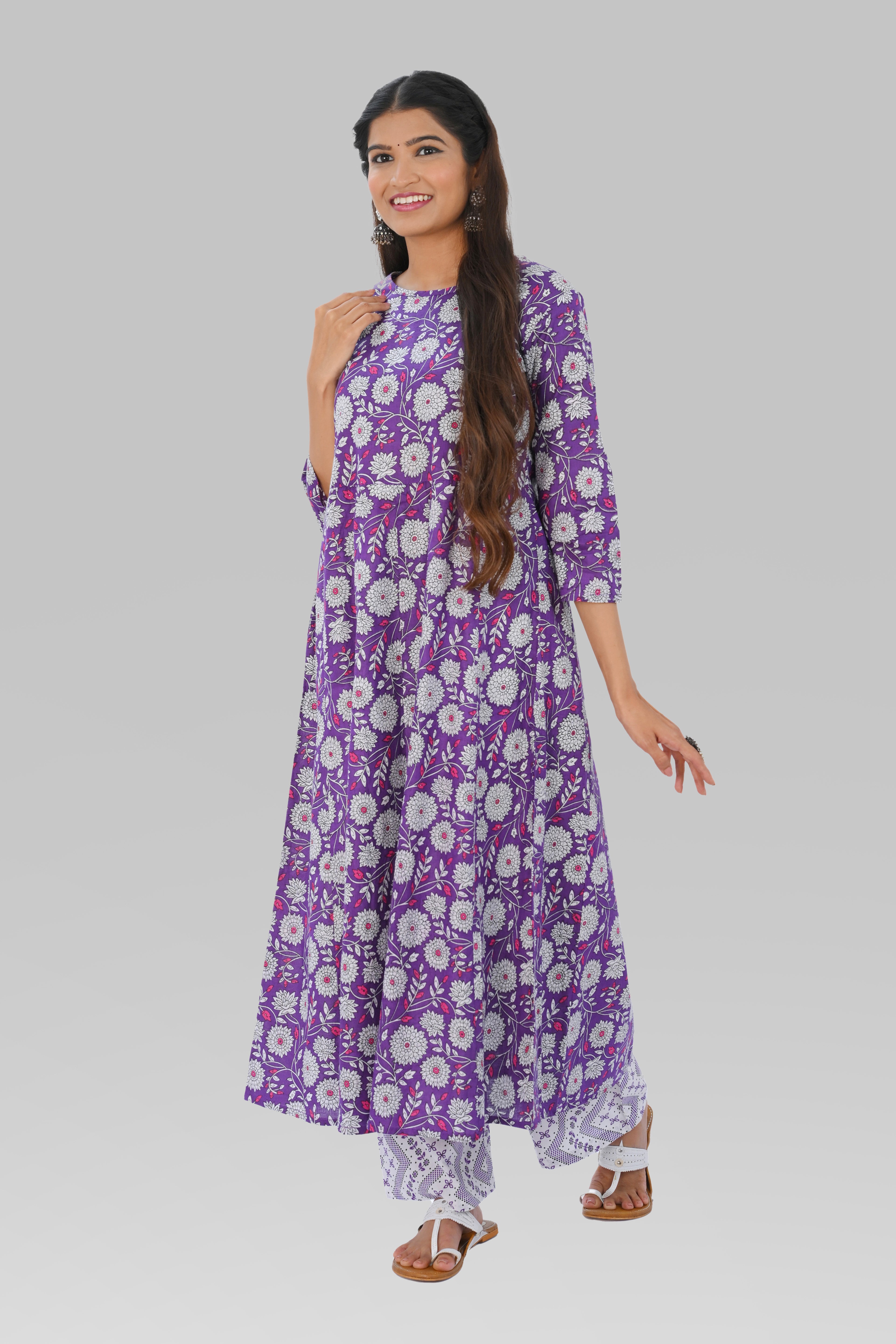 Purple Cotton Printed Kurta Set