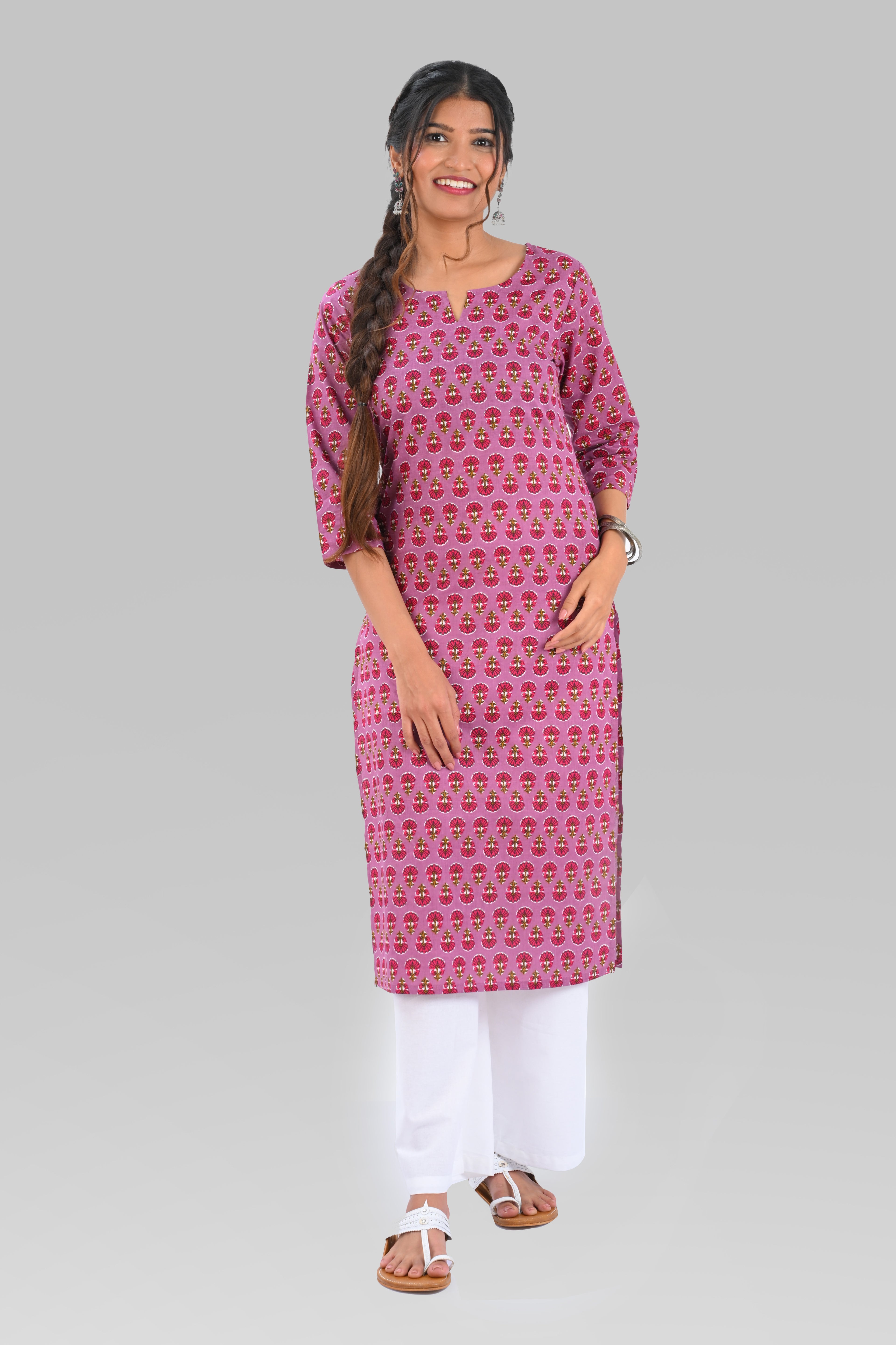 Purple Cotton Printed Long Kurta