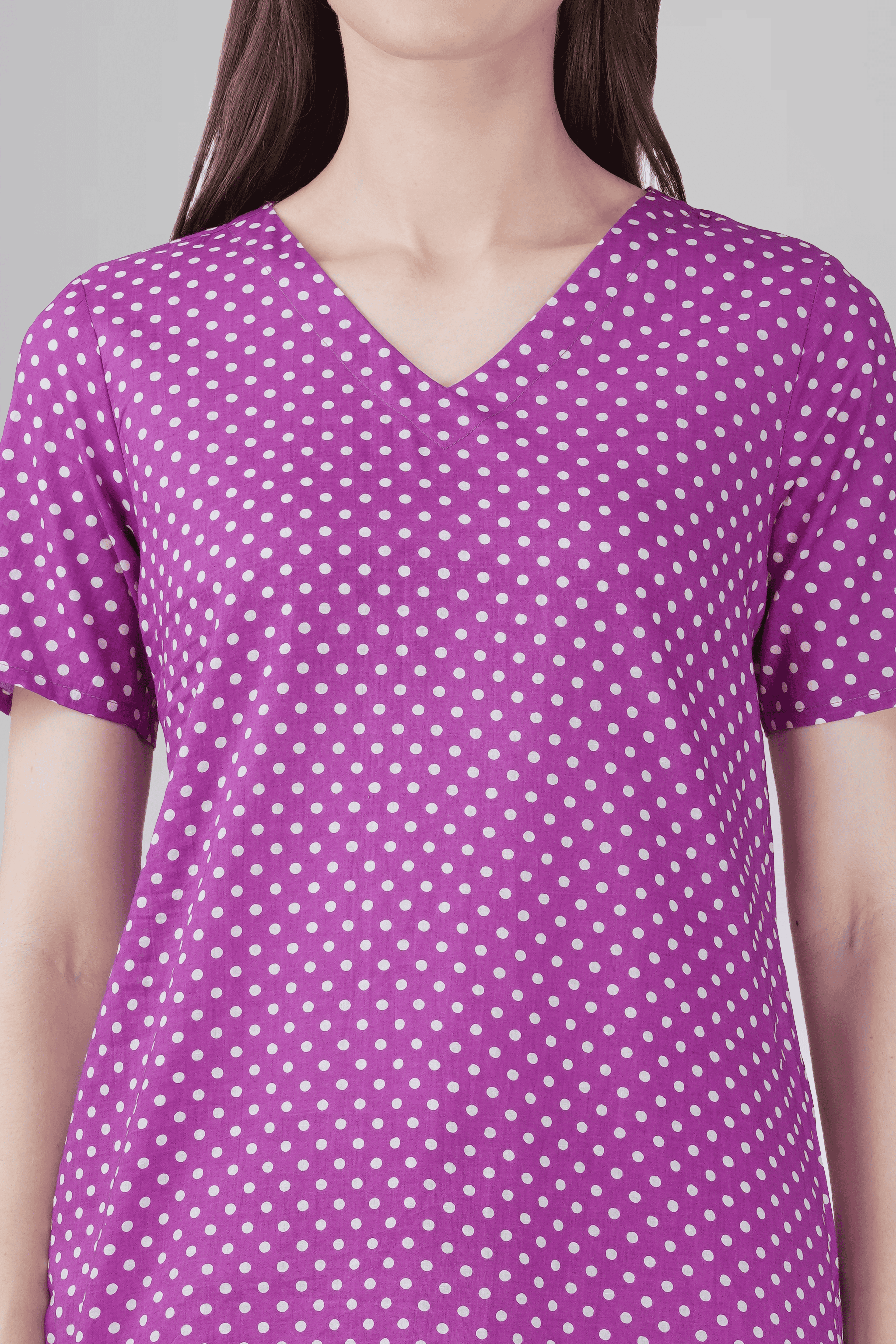 Purple V Neck Cotton Printed Pyjama Set