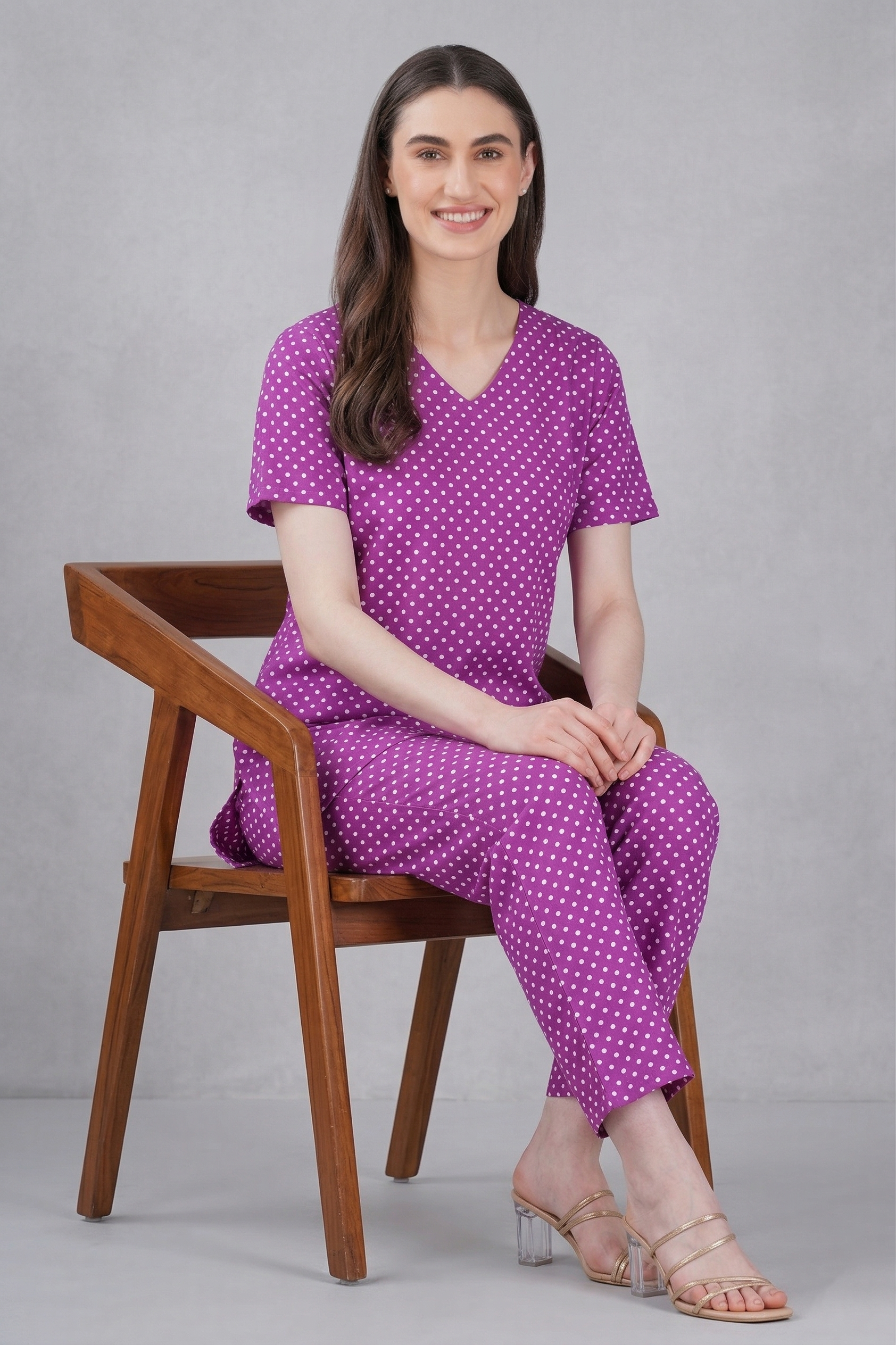 Purple V Neck Cotton Printed Pyjama Set
