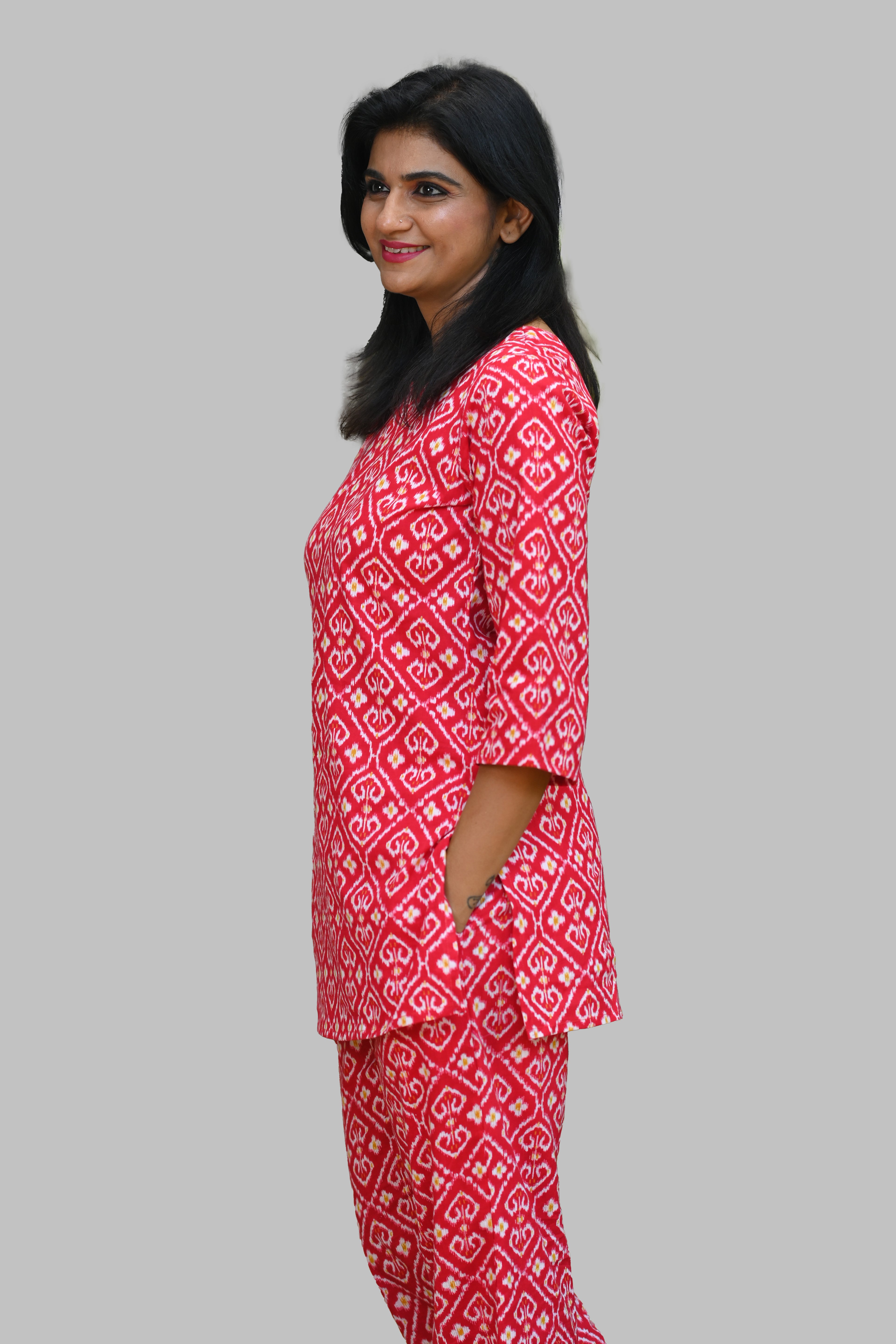 Red Ikat Cotton Printed Pyjama Set