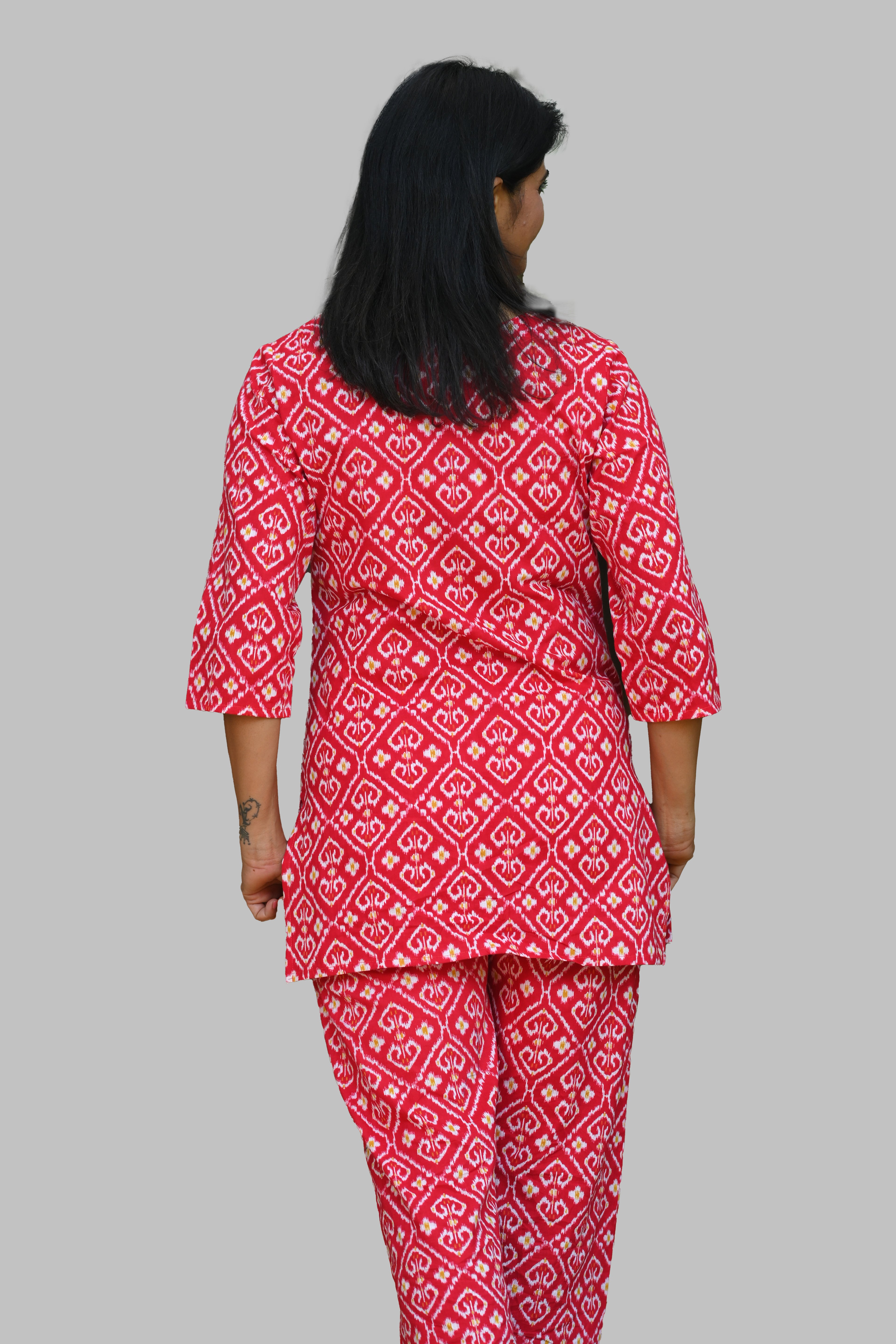 Red Ikat Cotton Printed Pyjama Set