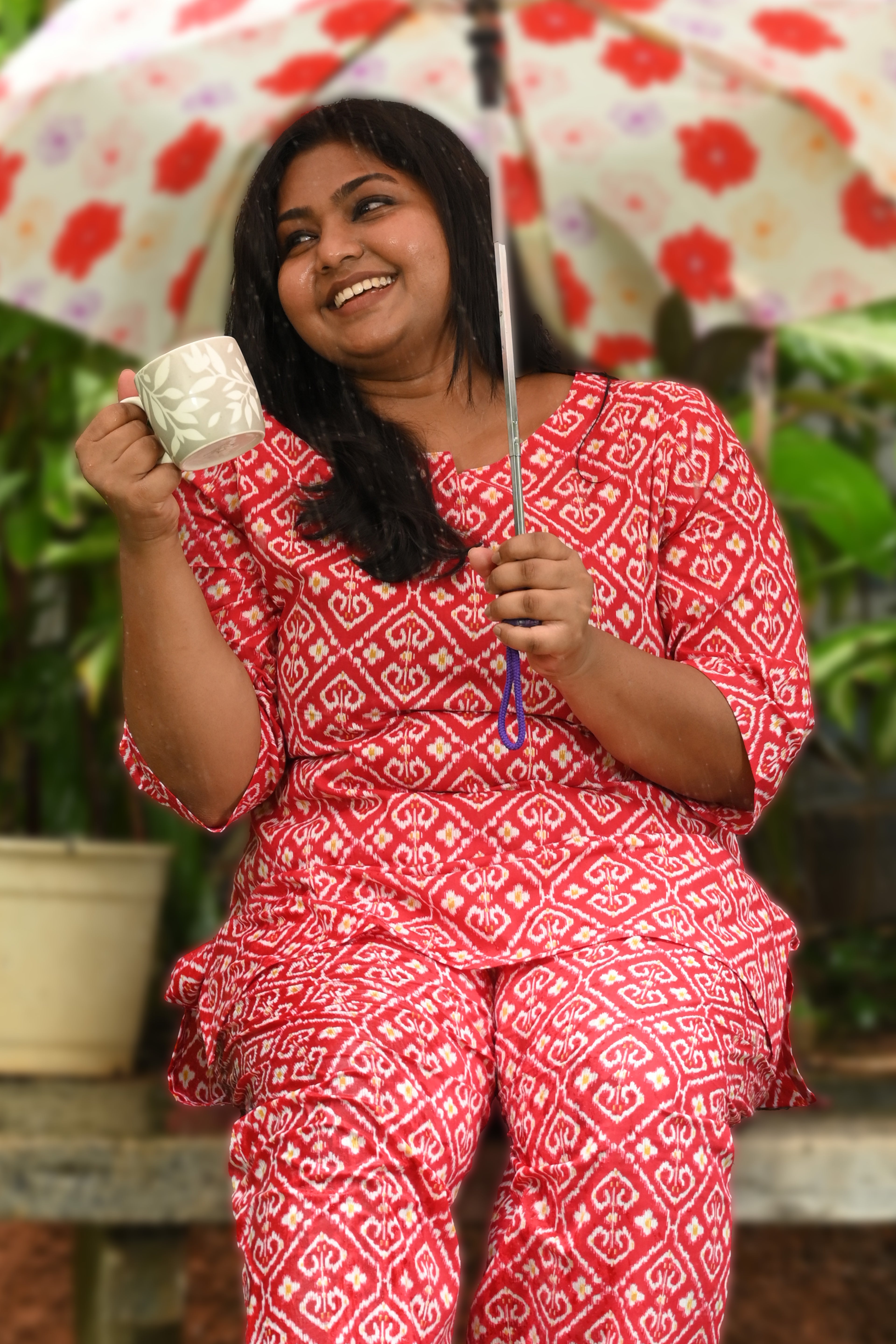 Red Ikat Plus Size Cotton Printed Pyjama Set