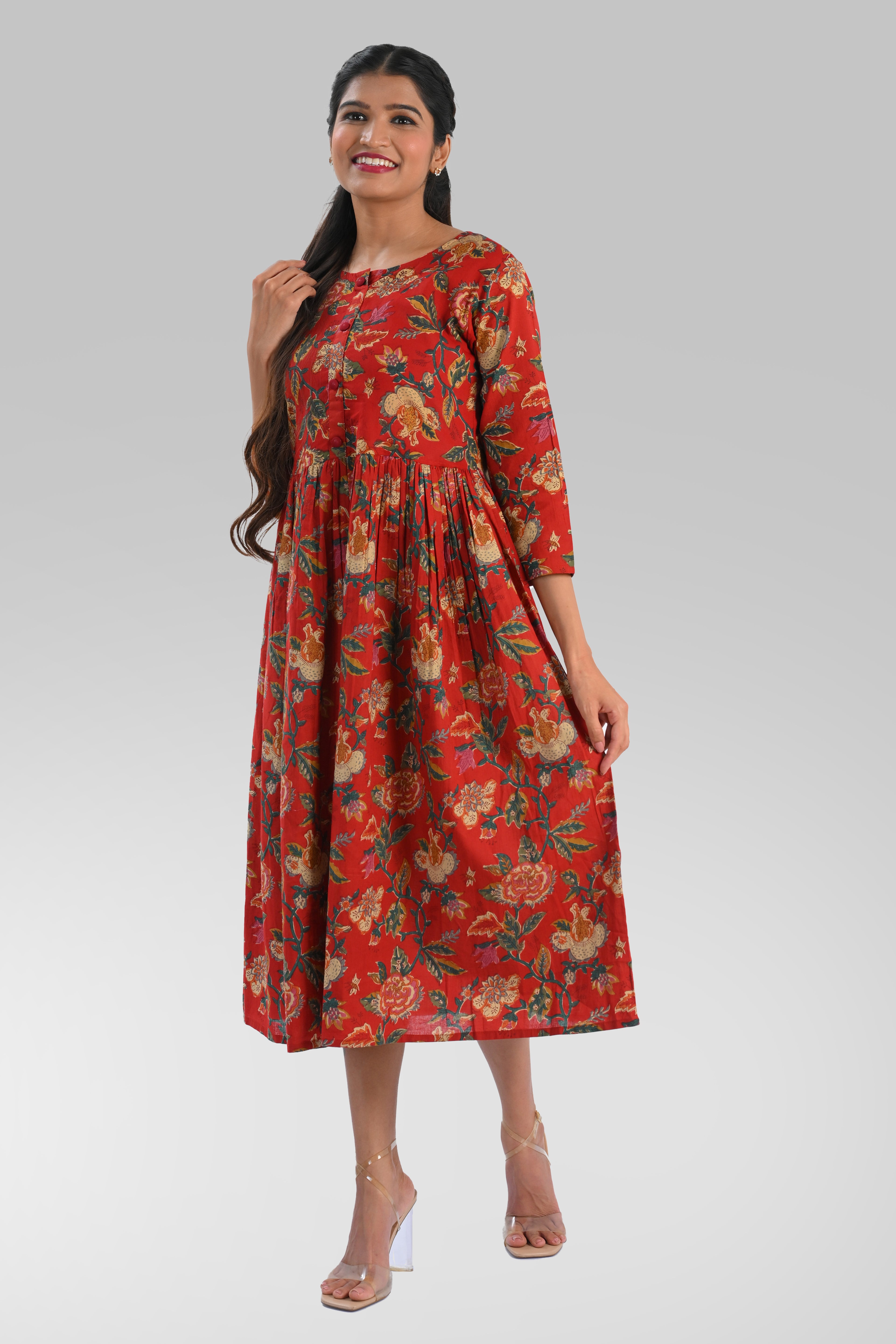 Red Plum Cotton Printed Midi Dress