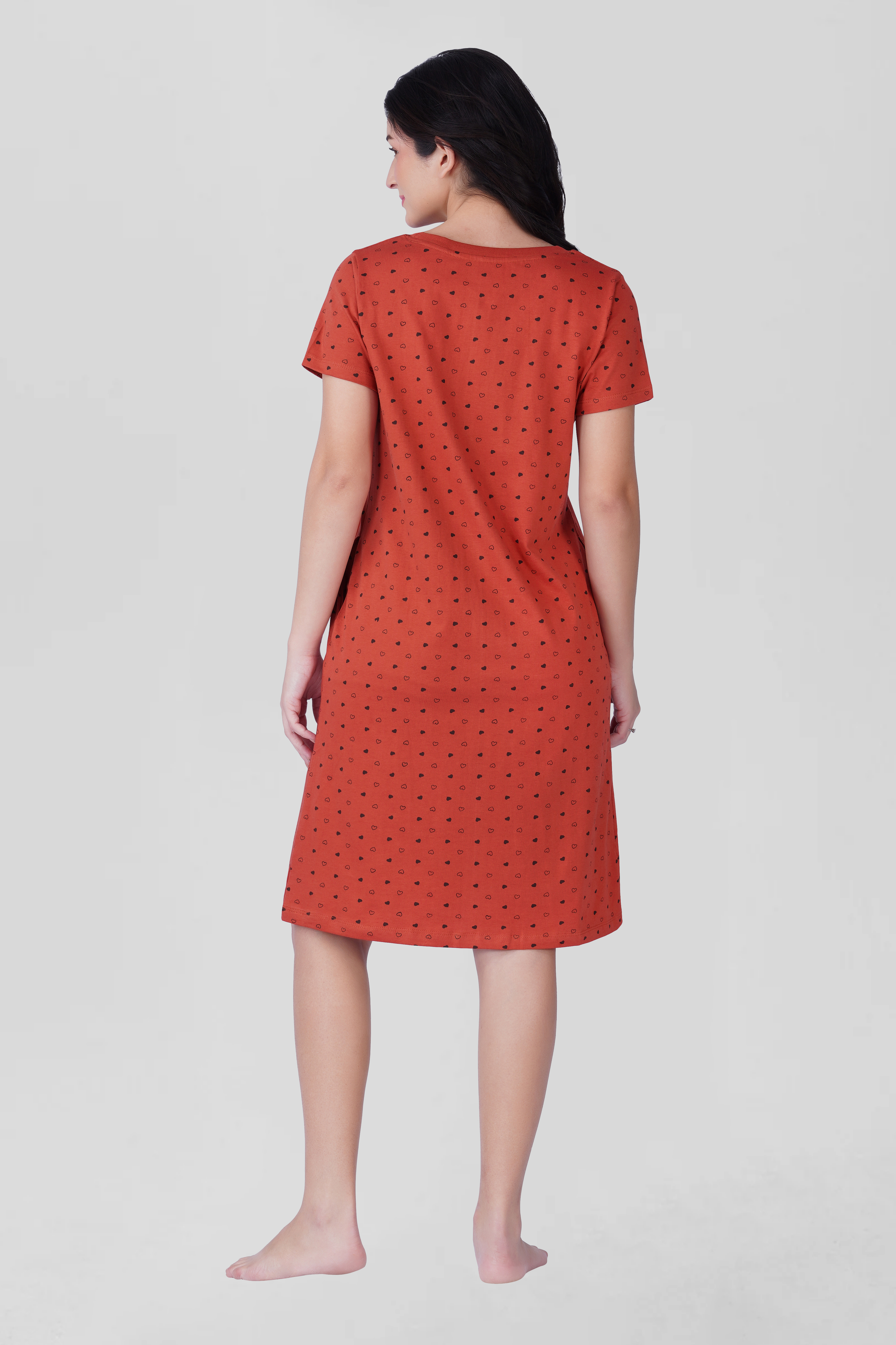 Red Cotton Printed T-Shirt Nightdress
