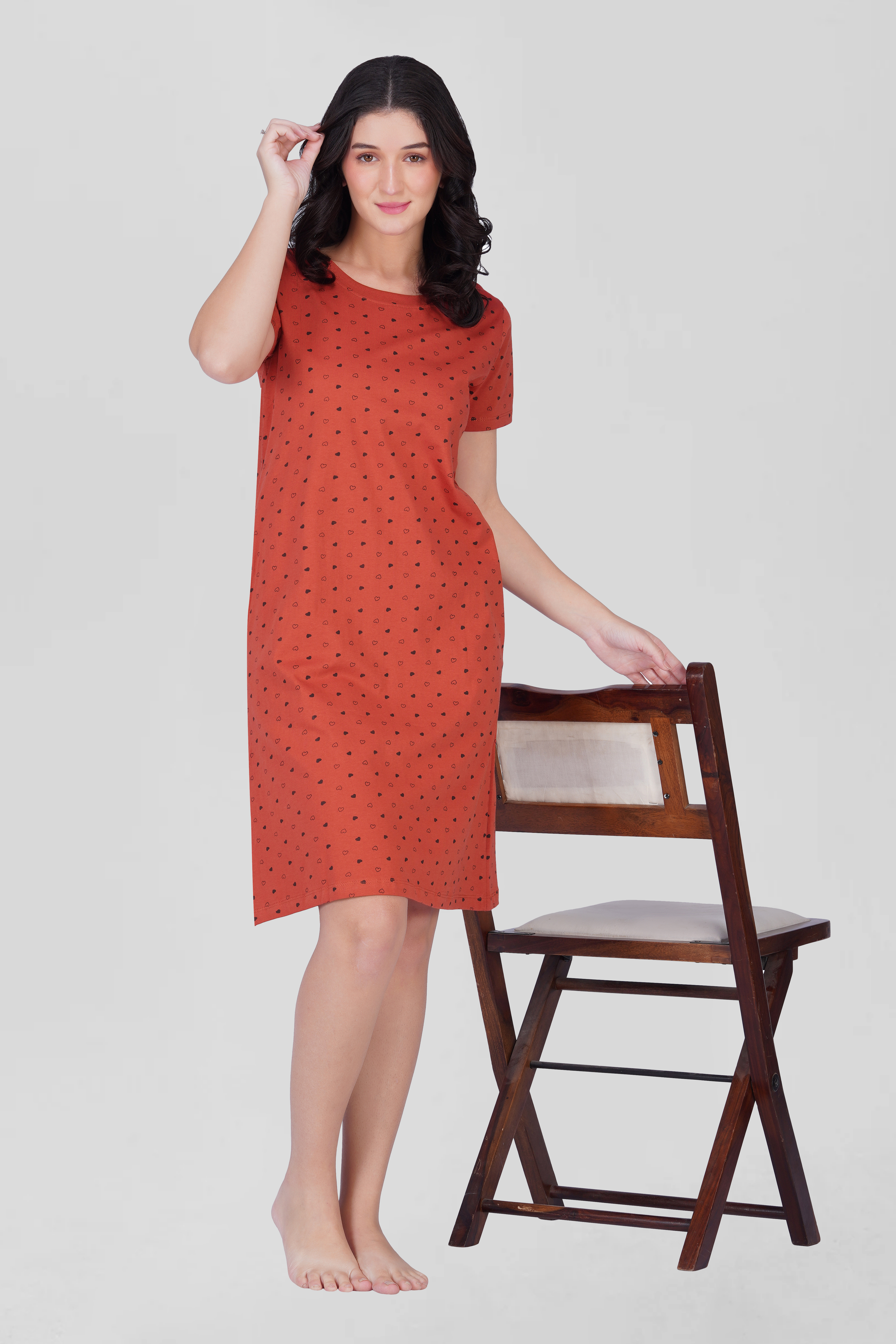 Red Cotton Printed T-Shirt Nightdress