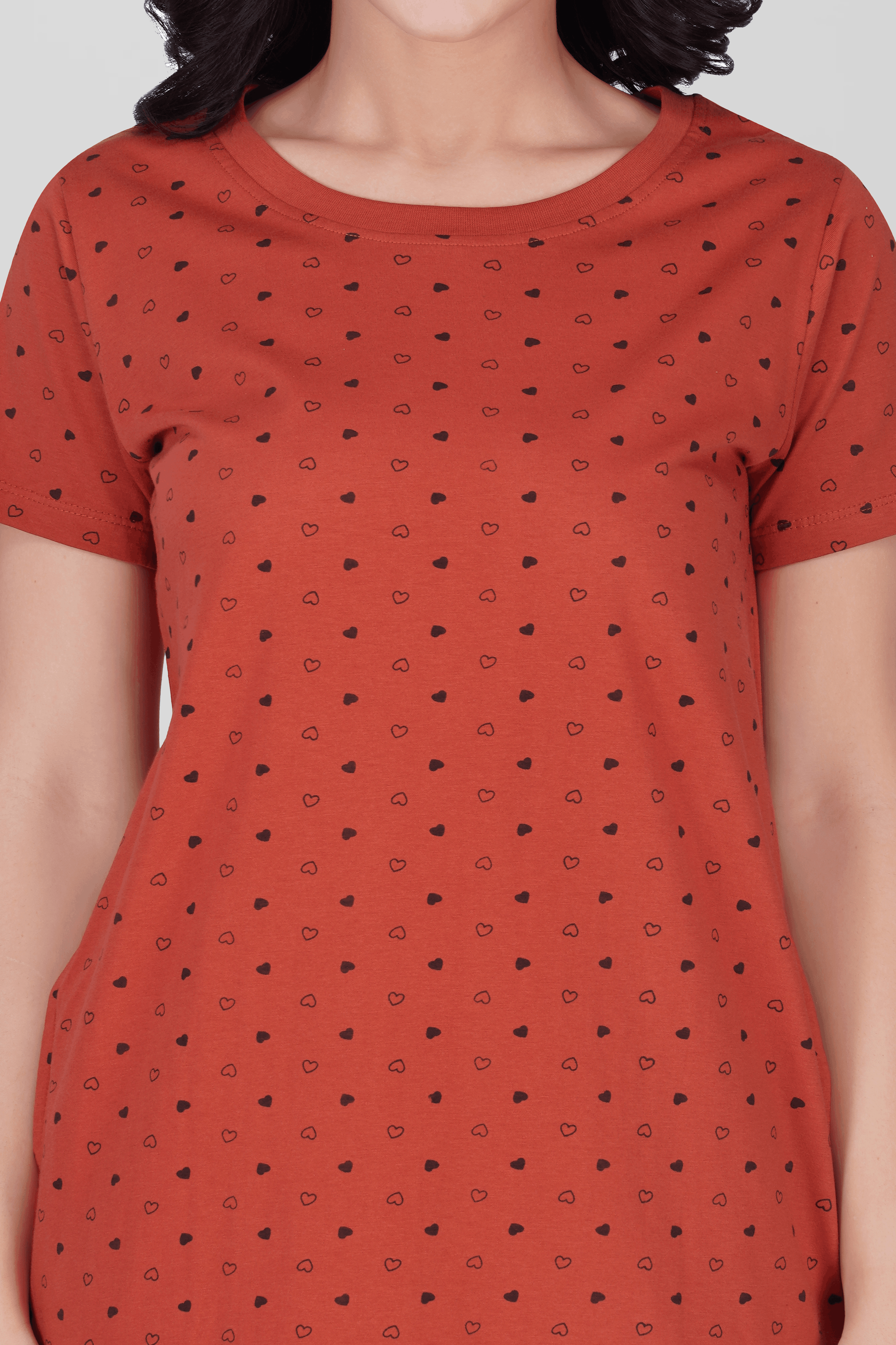 Red Cotton Printed T-Shirt Nightdress