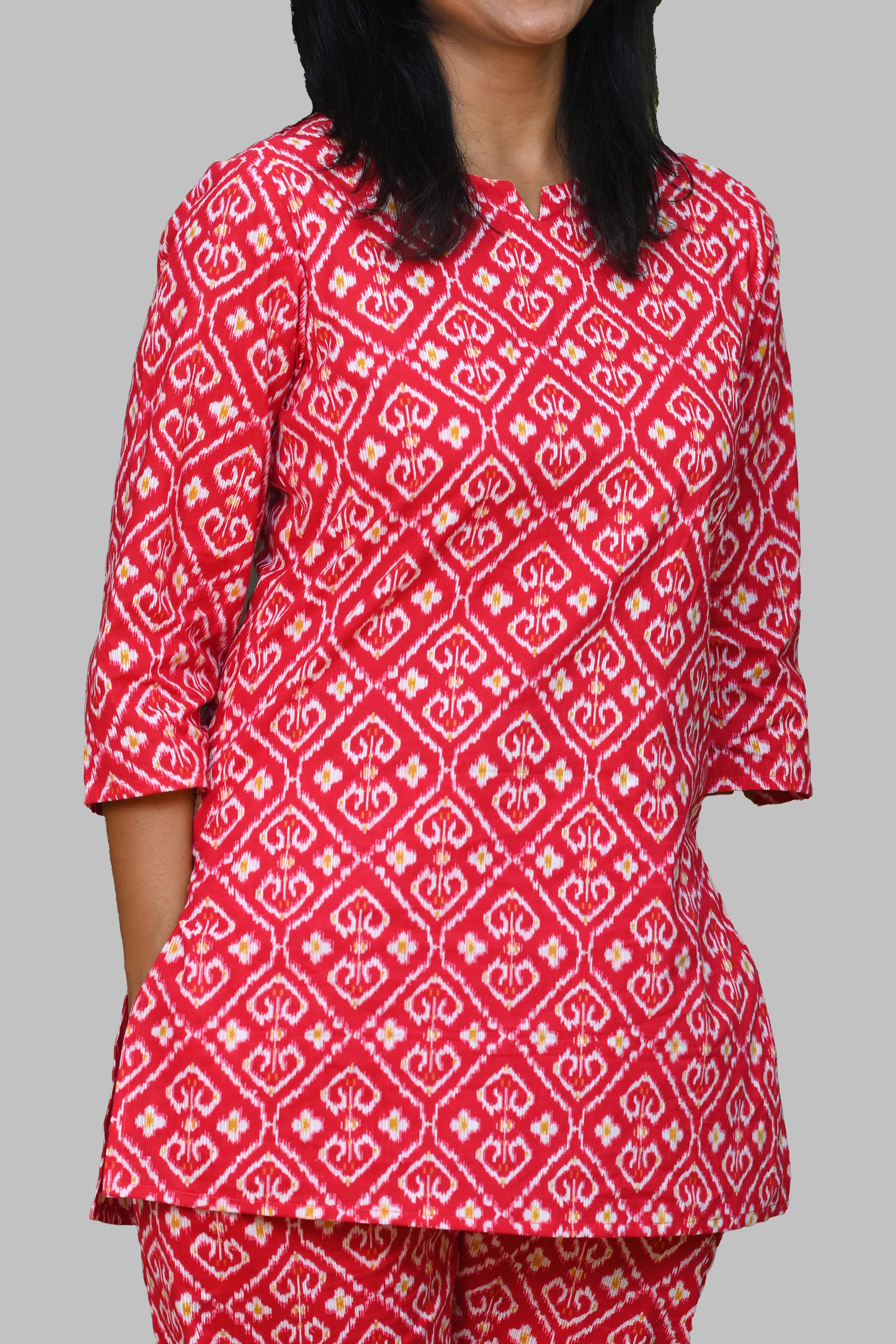 Red Ikat Cotton Printed Pyjama Set