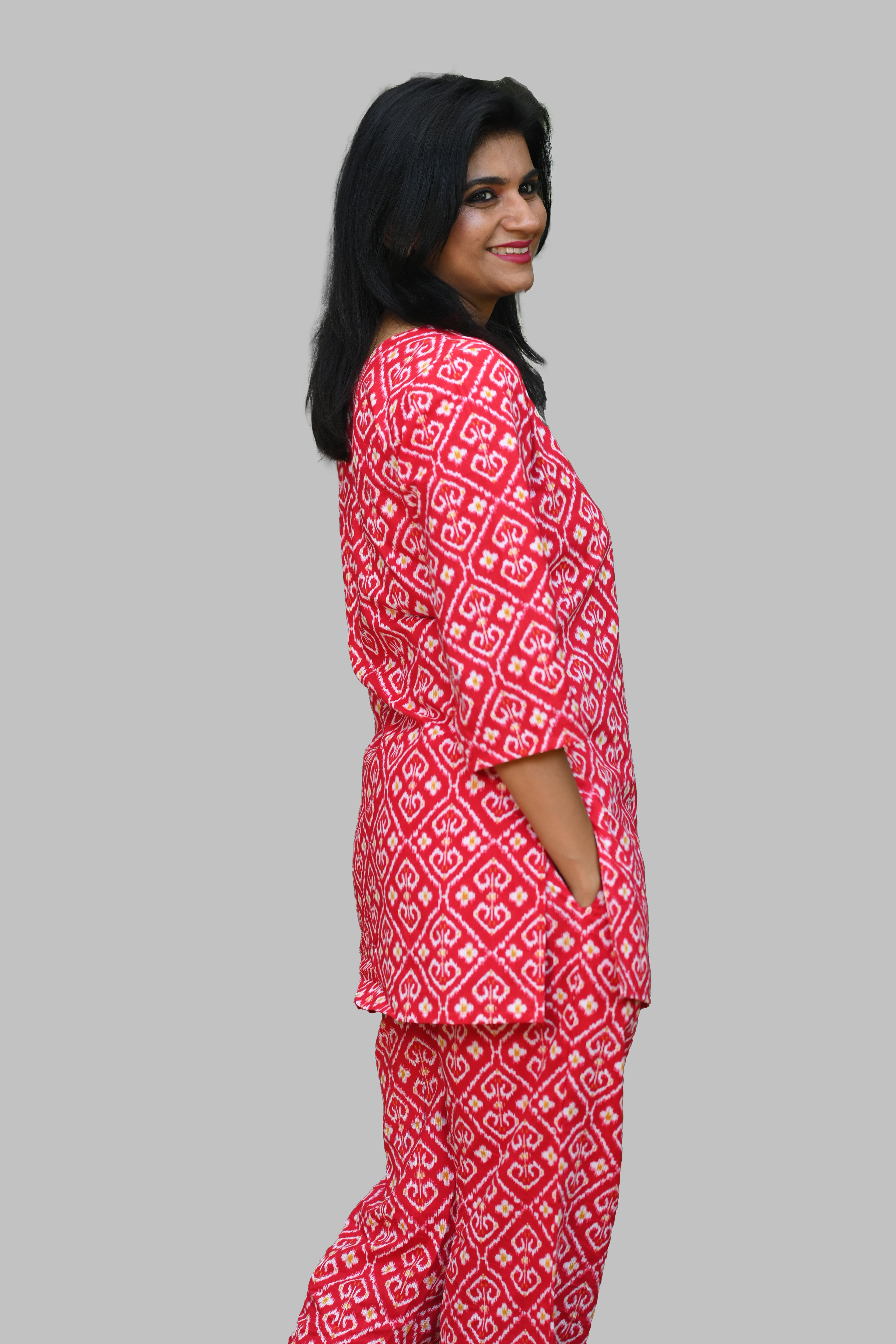 Red Ikat Cotton Printed Pyjama Set