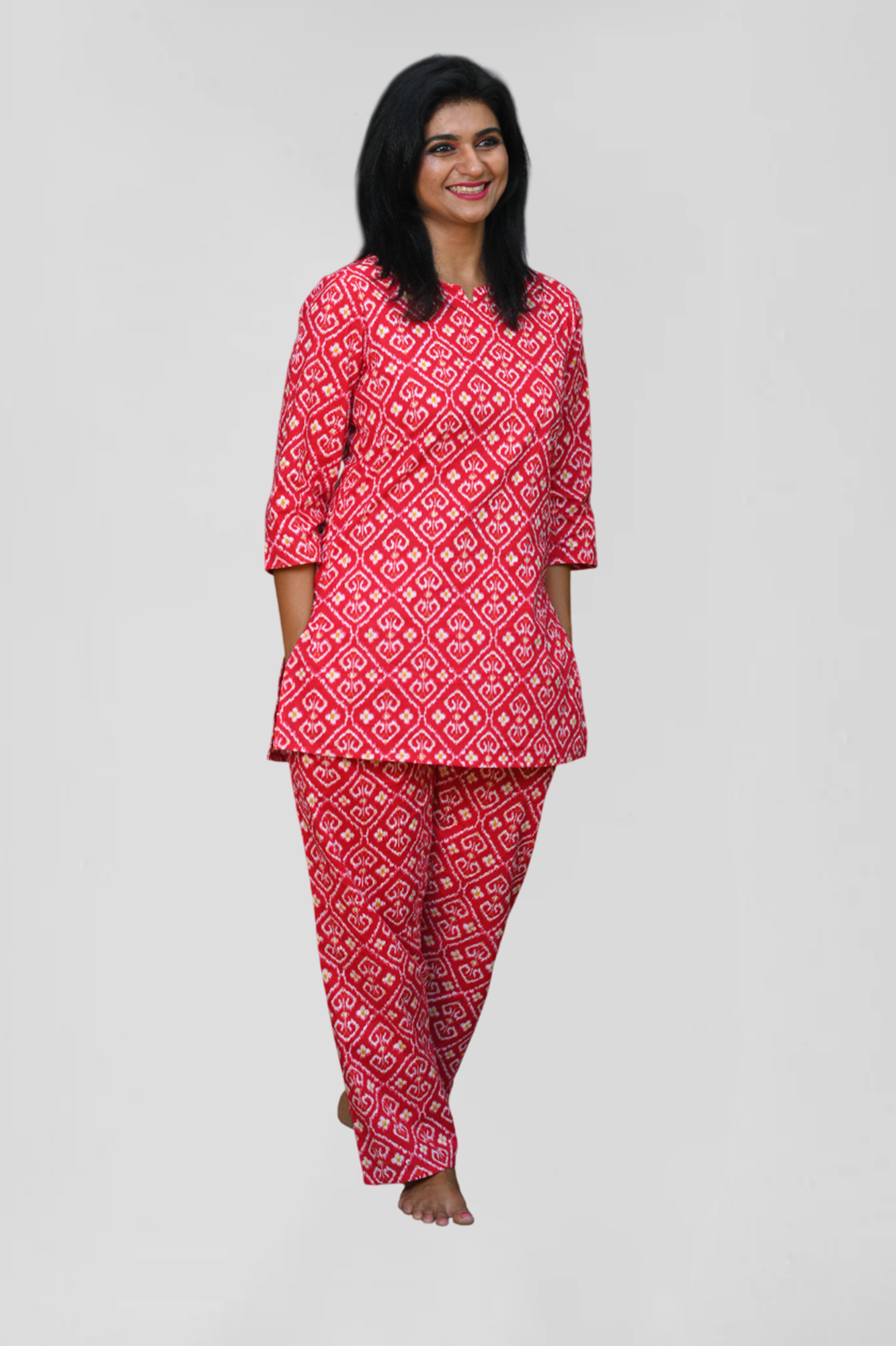 Red Ikat Cotton Printed Pyjama Set