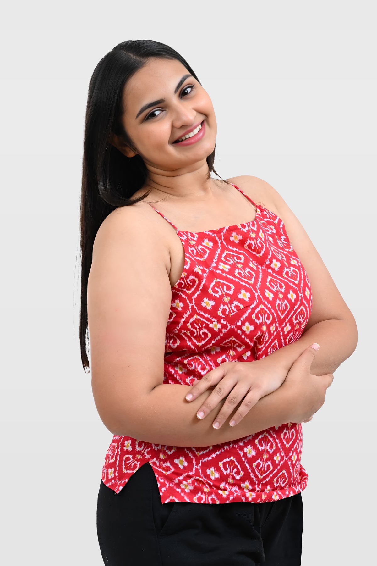Red Ikat Cotton Printed Strap Top