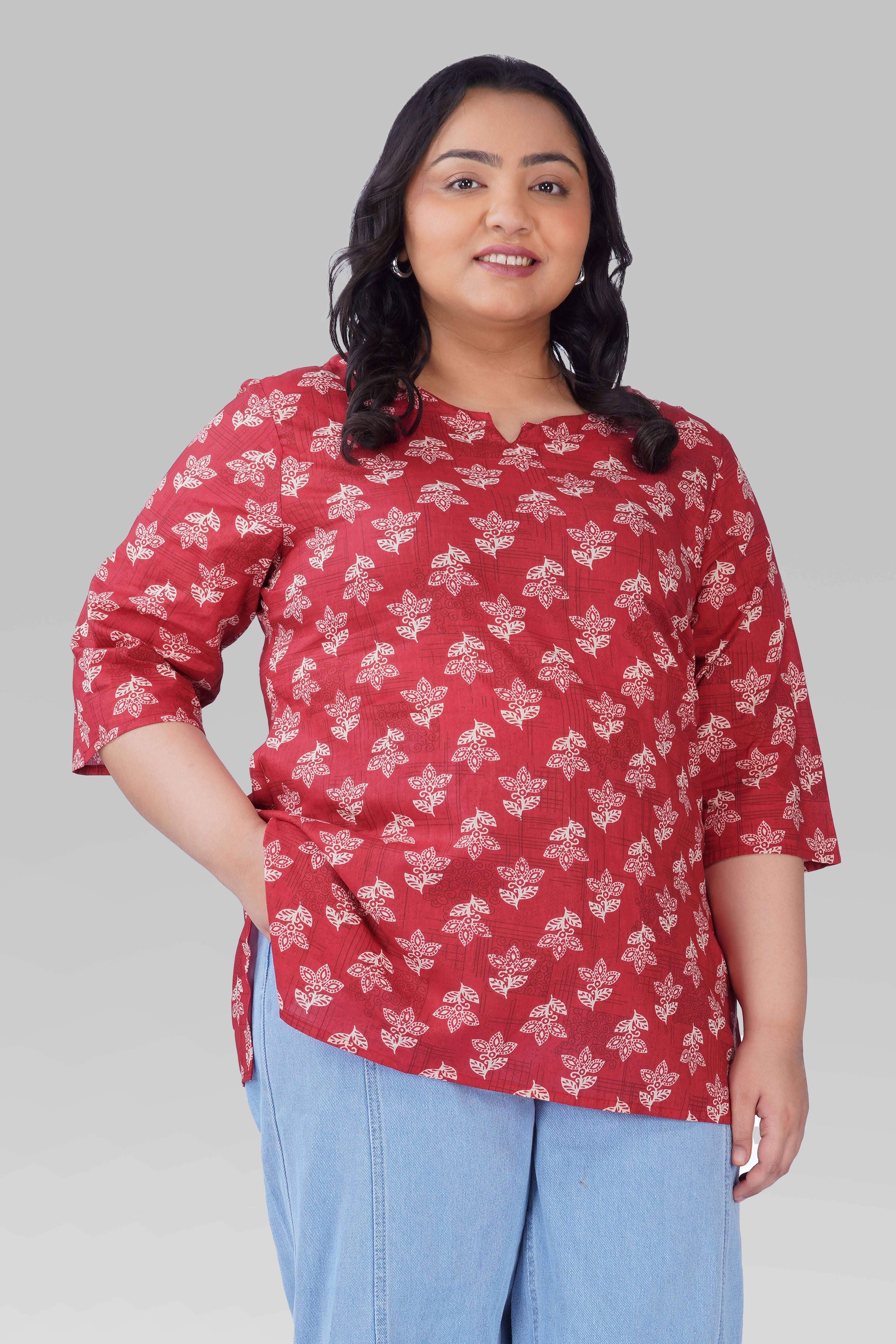 Red Plus Size Cotton Printed Kurti