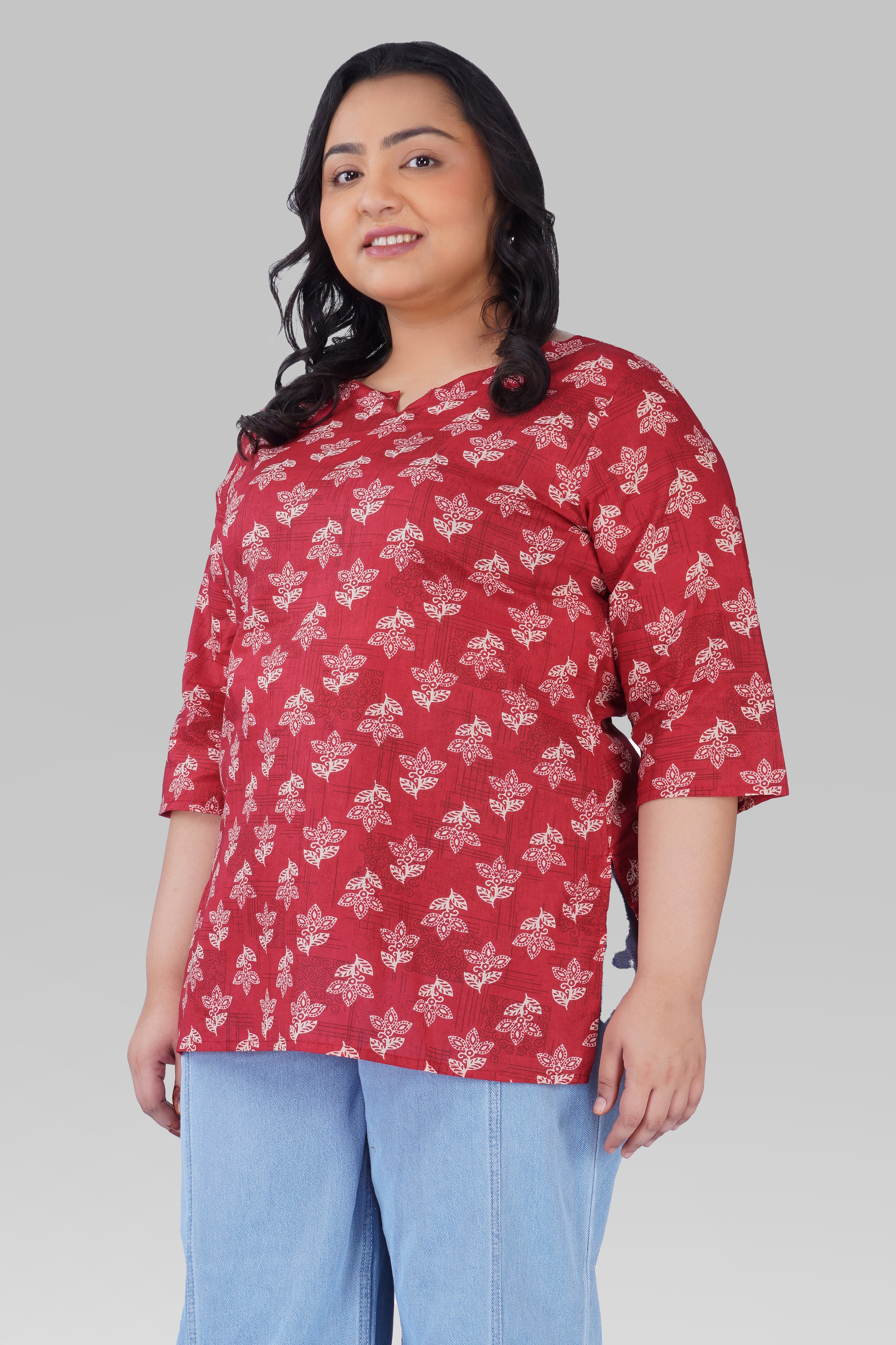 Red Plus Size Cotton Printed Kurti