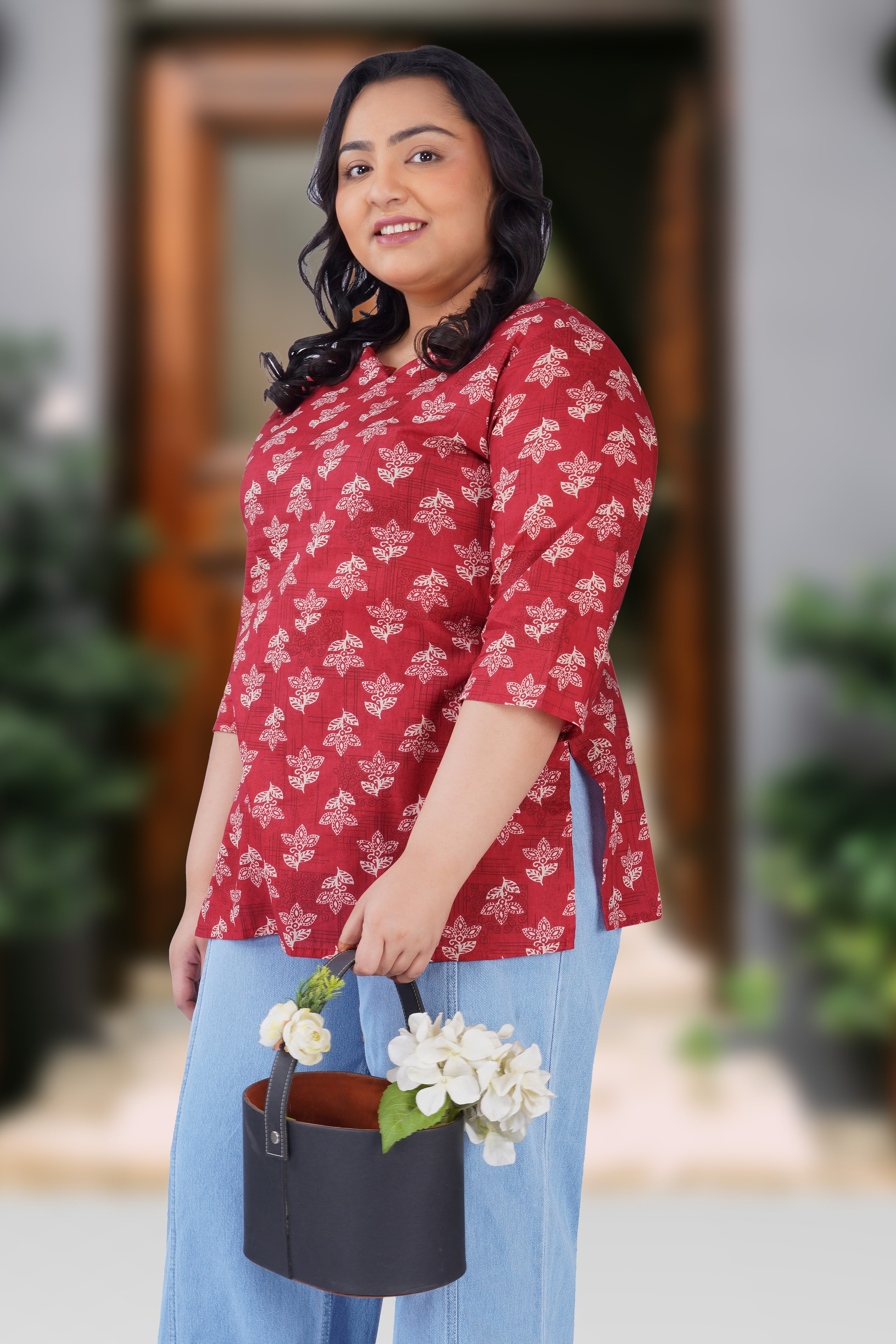 Red Plus Size Cotton Printed Kurti