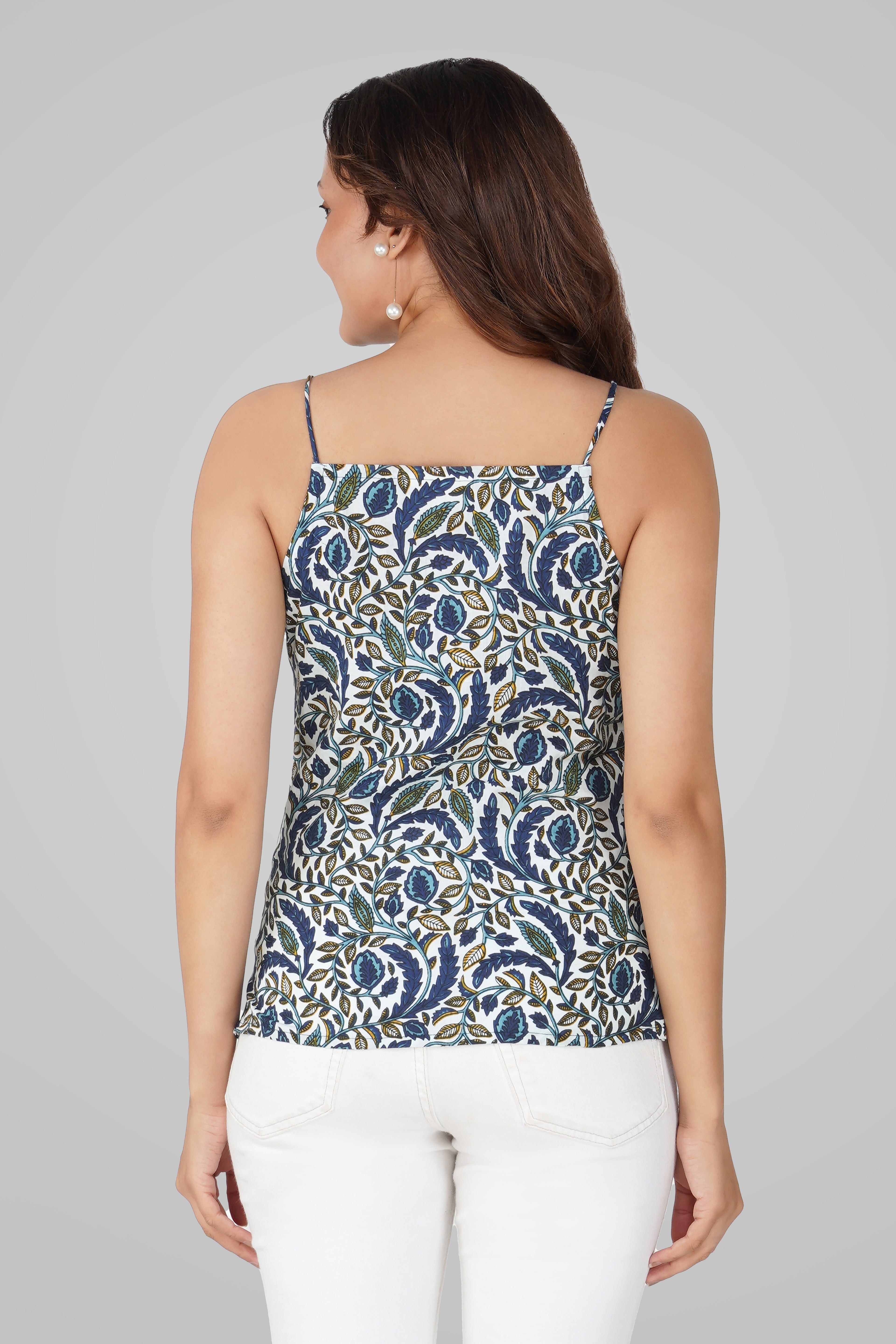 Regal Blue Cotton Printed Strap Top