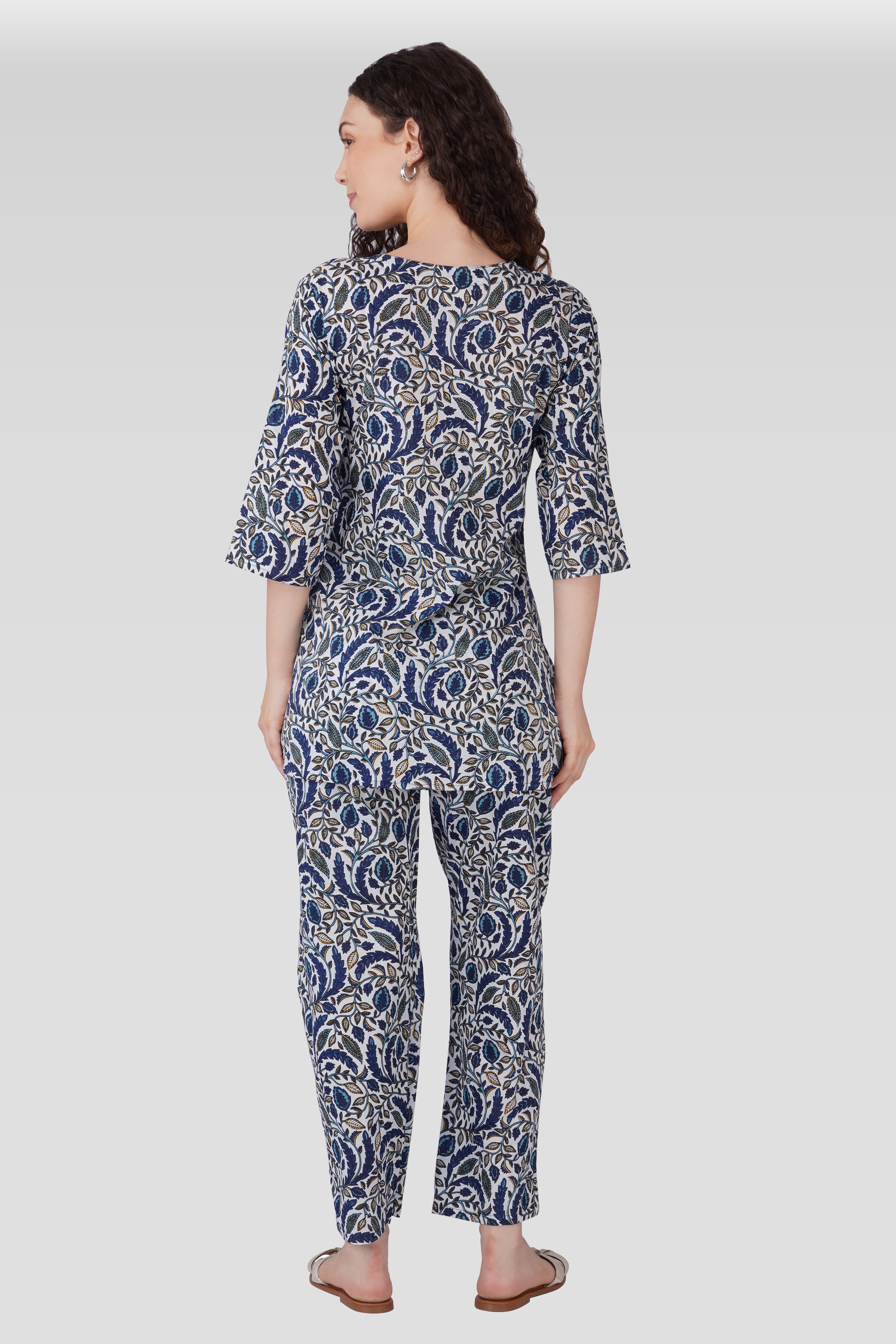Regal Blue Cotton Printed Maternity and Feeding Pyjama Set