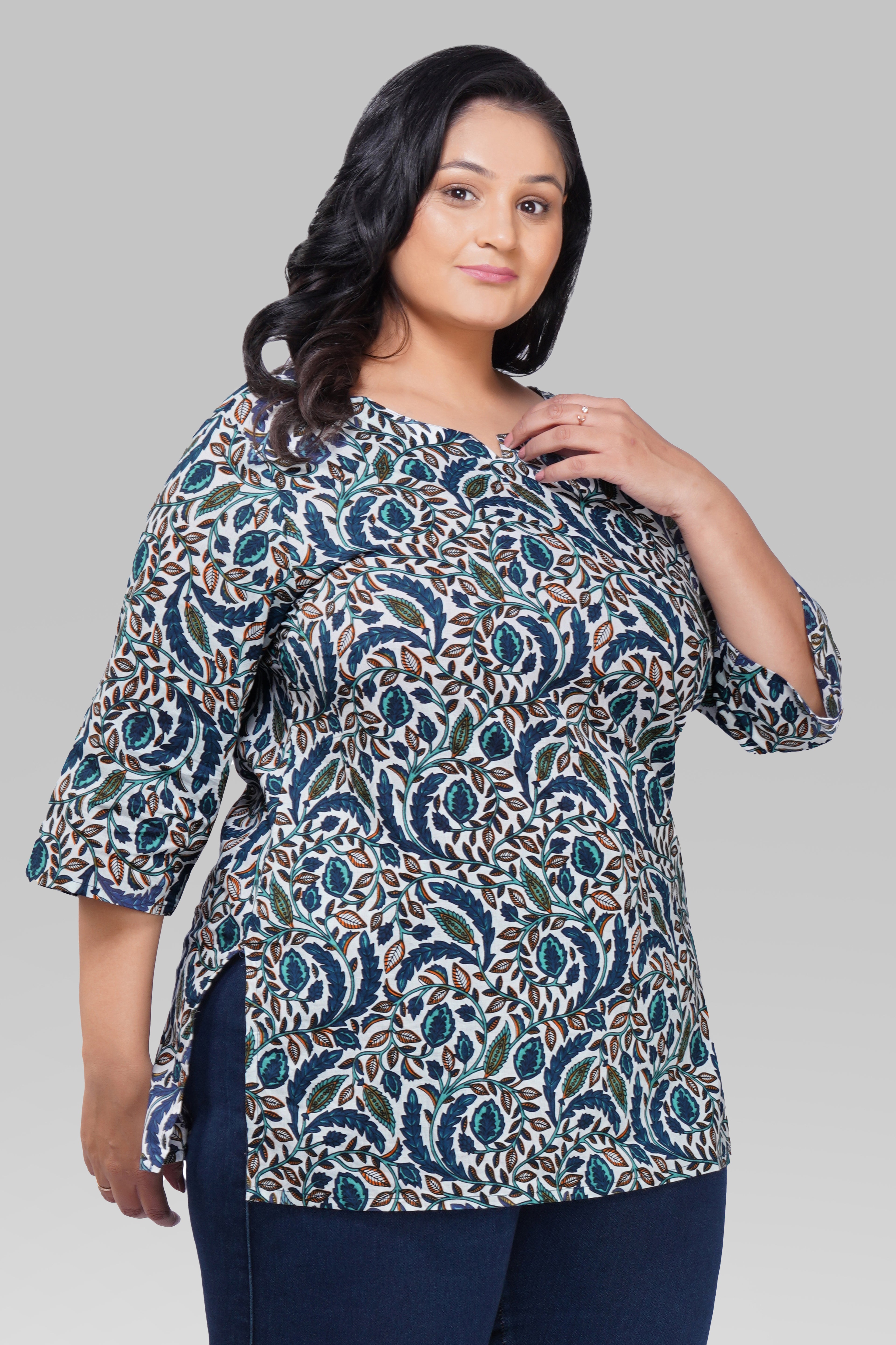 Regal Blue Plus Size Cotton Printed Kurti