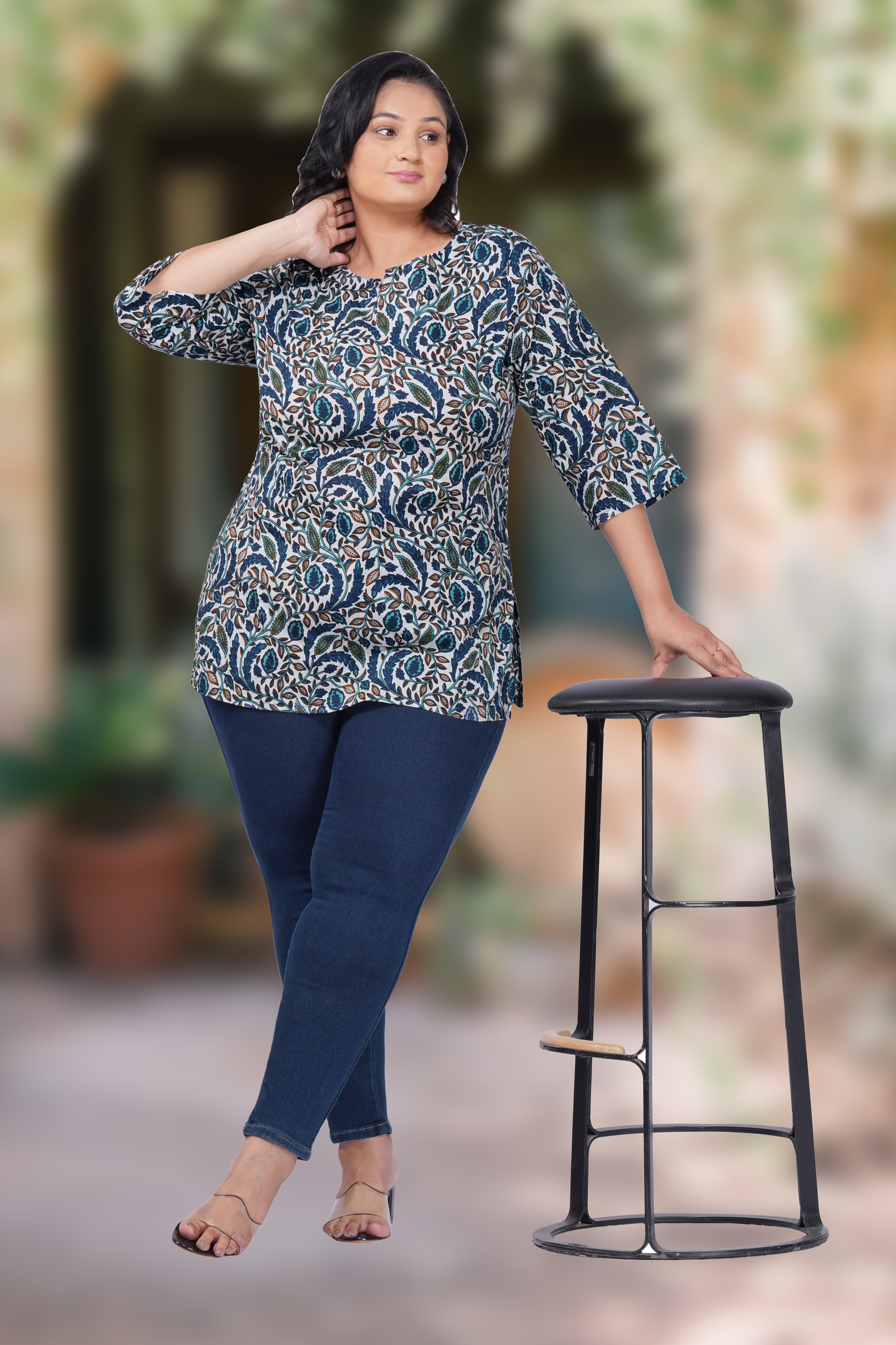 Regal Blue Plus Size Cotton Printed Kurti