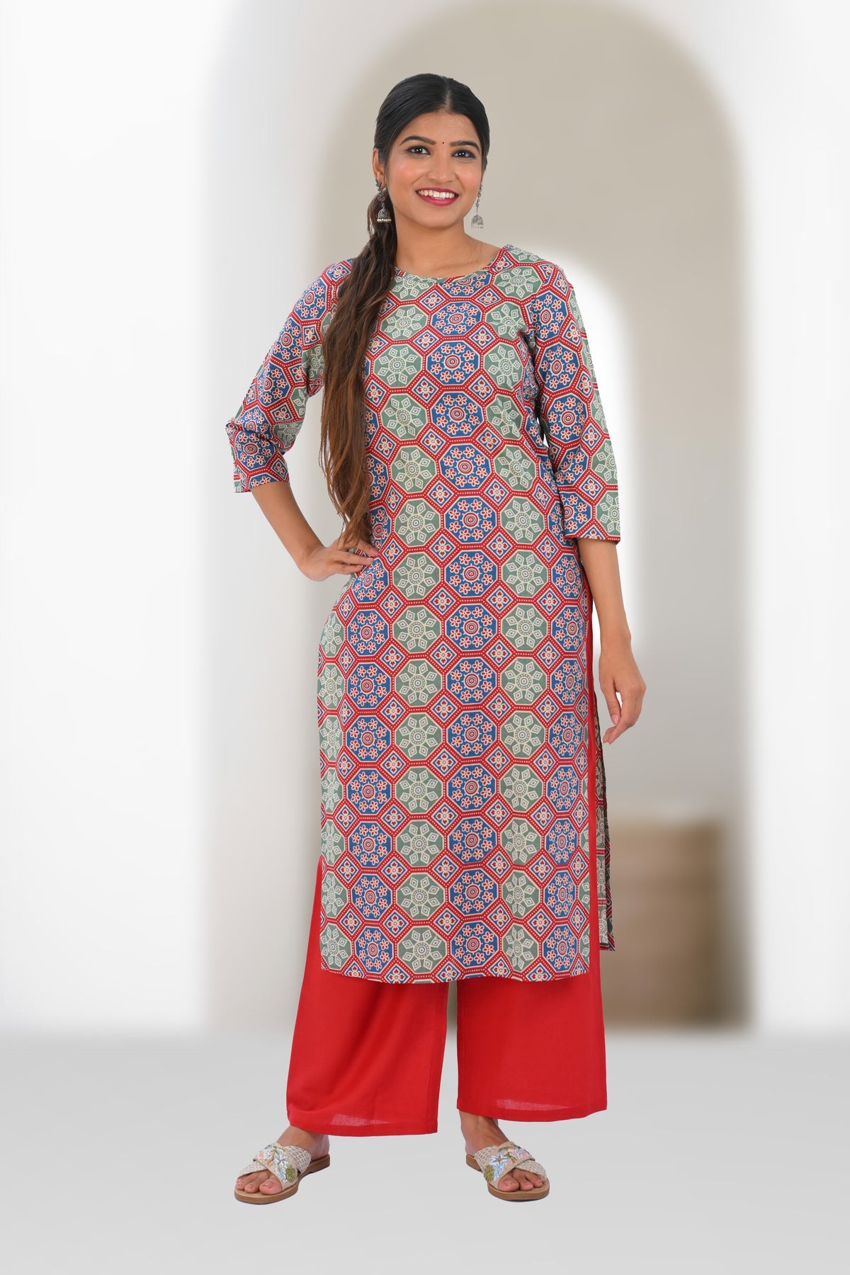 Ruby Red Cotton Printed Kurta Set