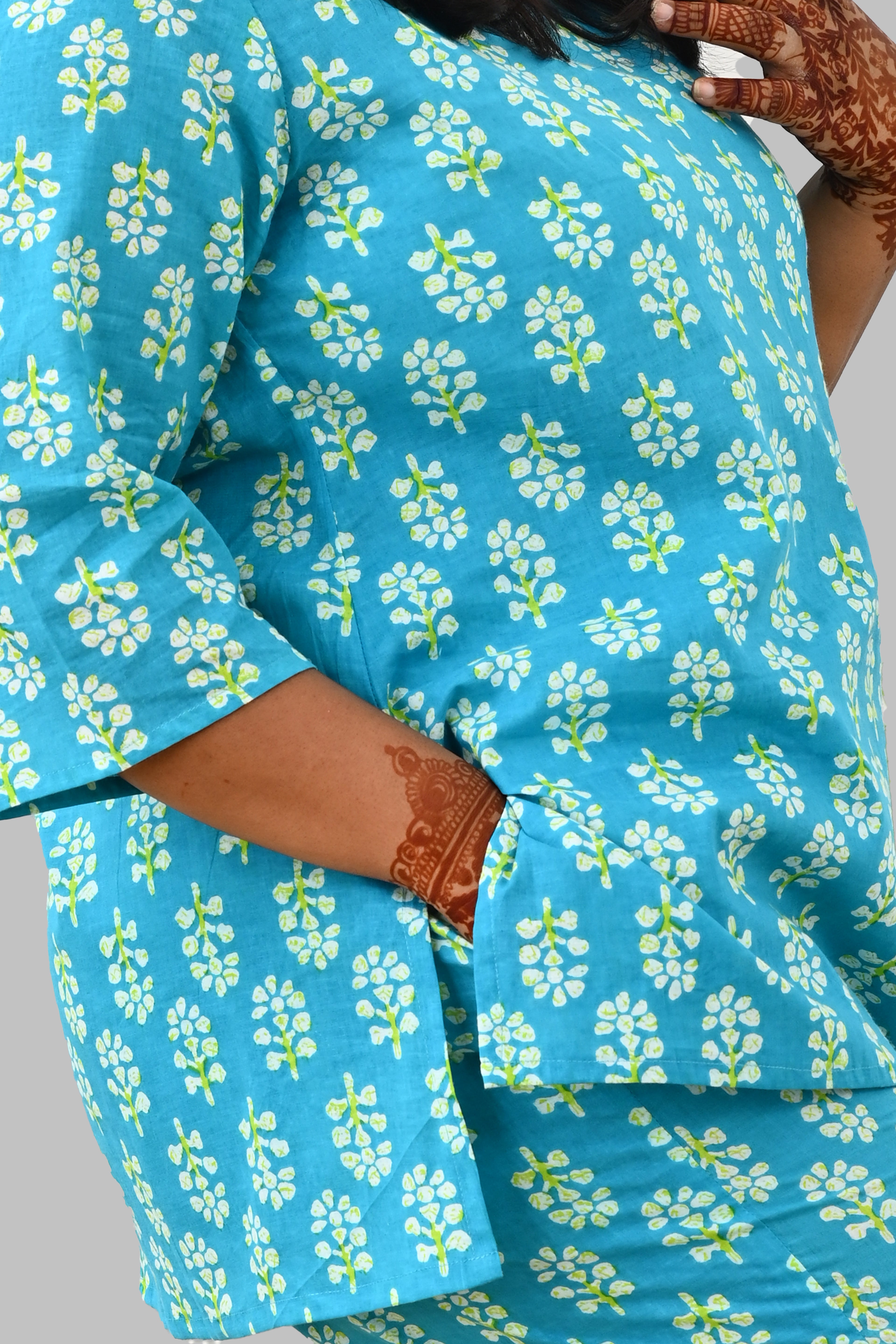 Sea Blue Plus Size Cotton Printed Pyjama Set