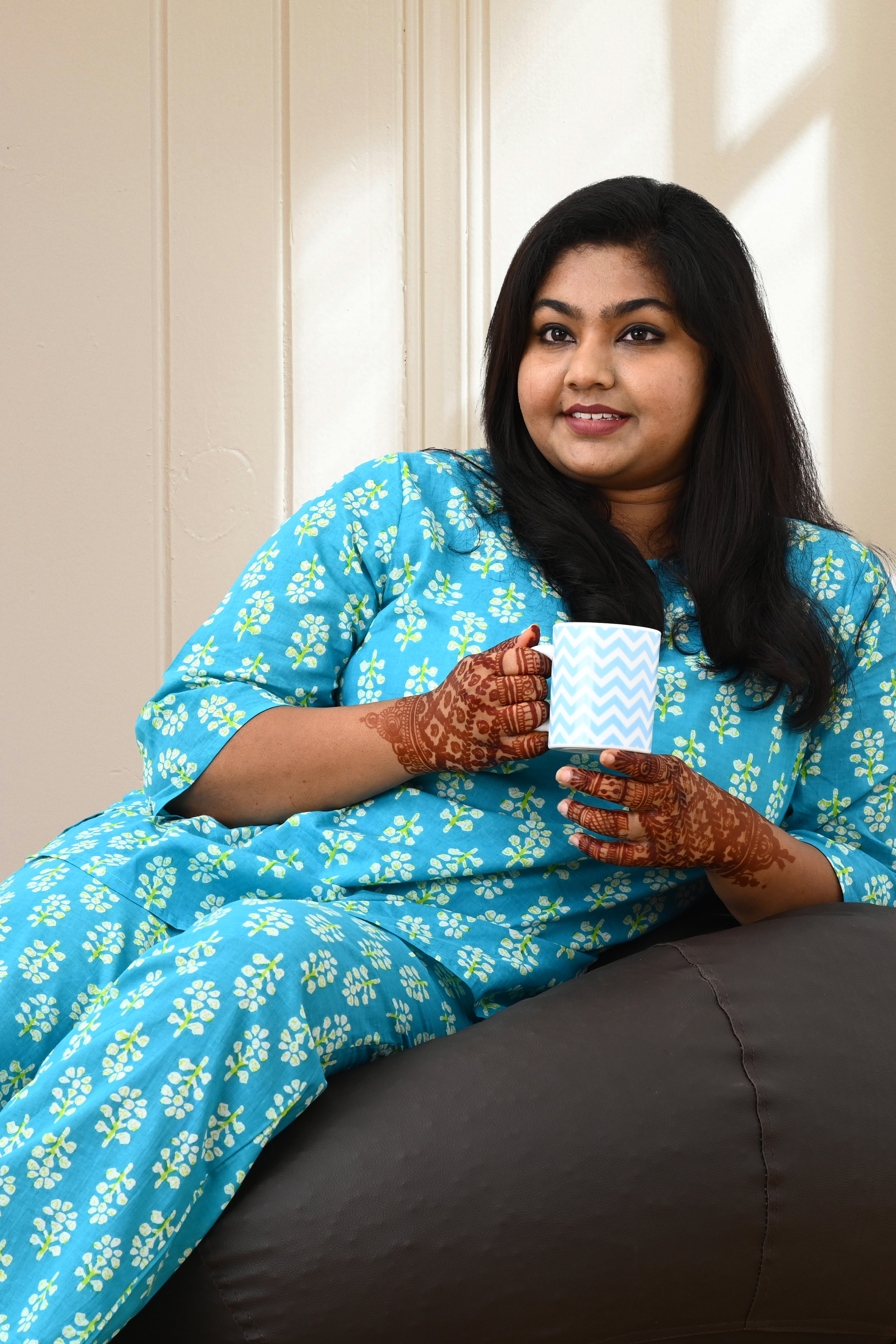 Sea Blue Plus Size Cotton Printed Pyjama Set