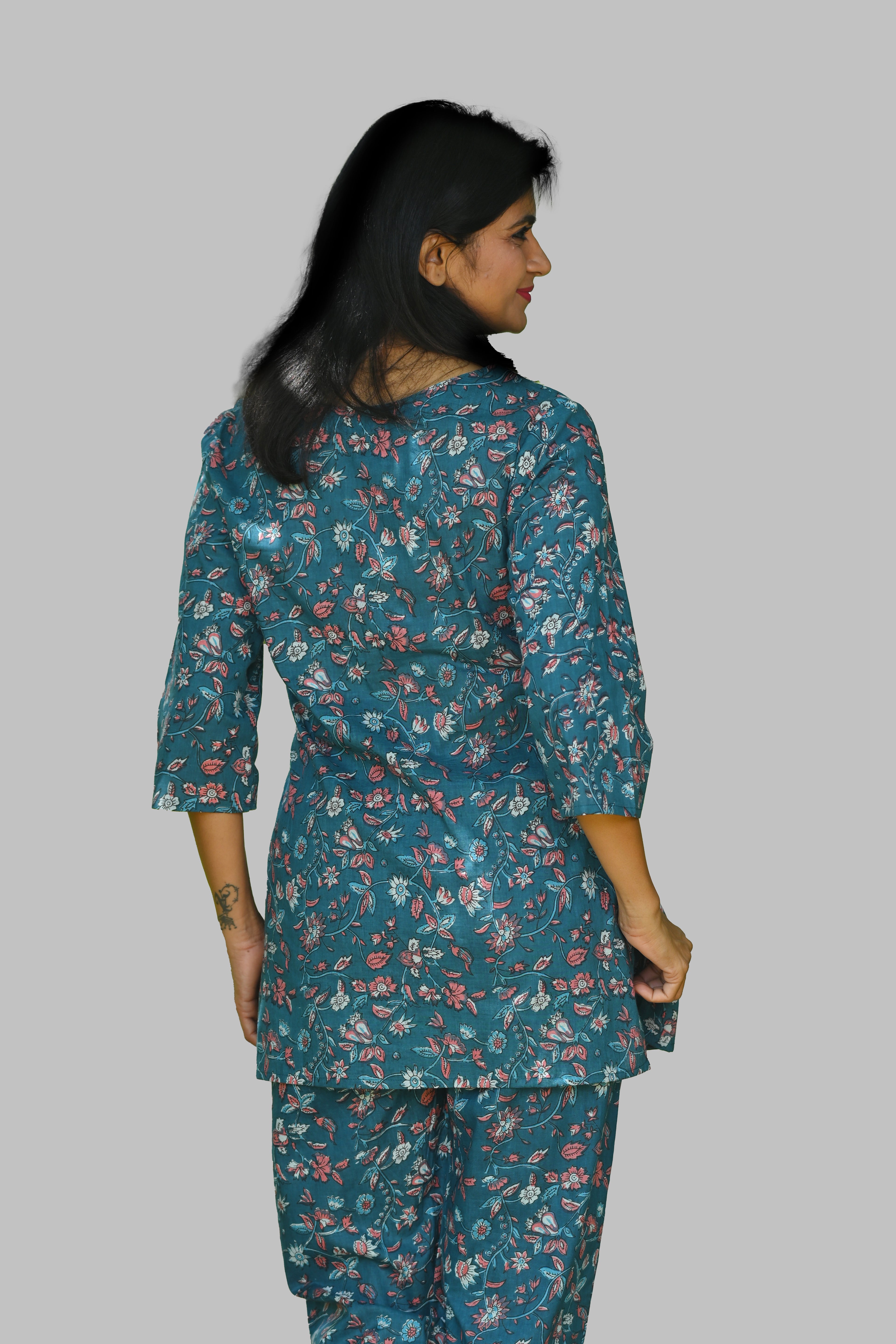 Navy Floral Cotton Printed Pyjama Set