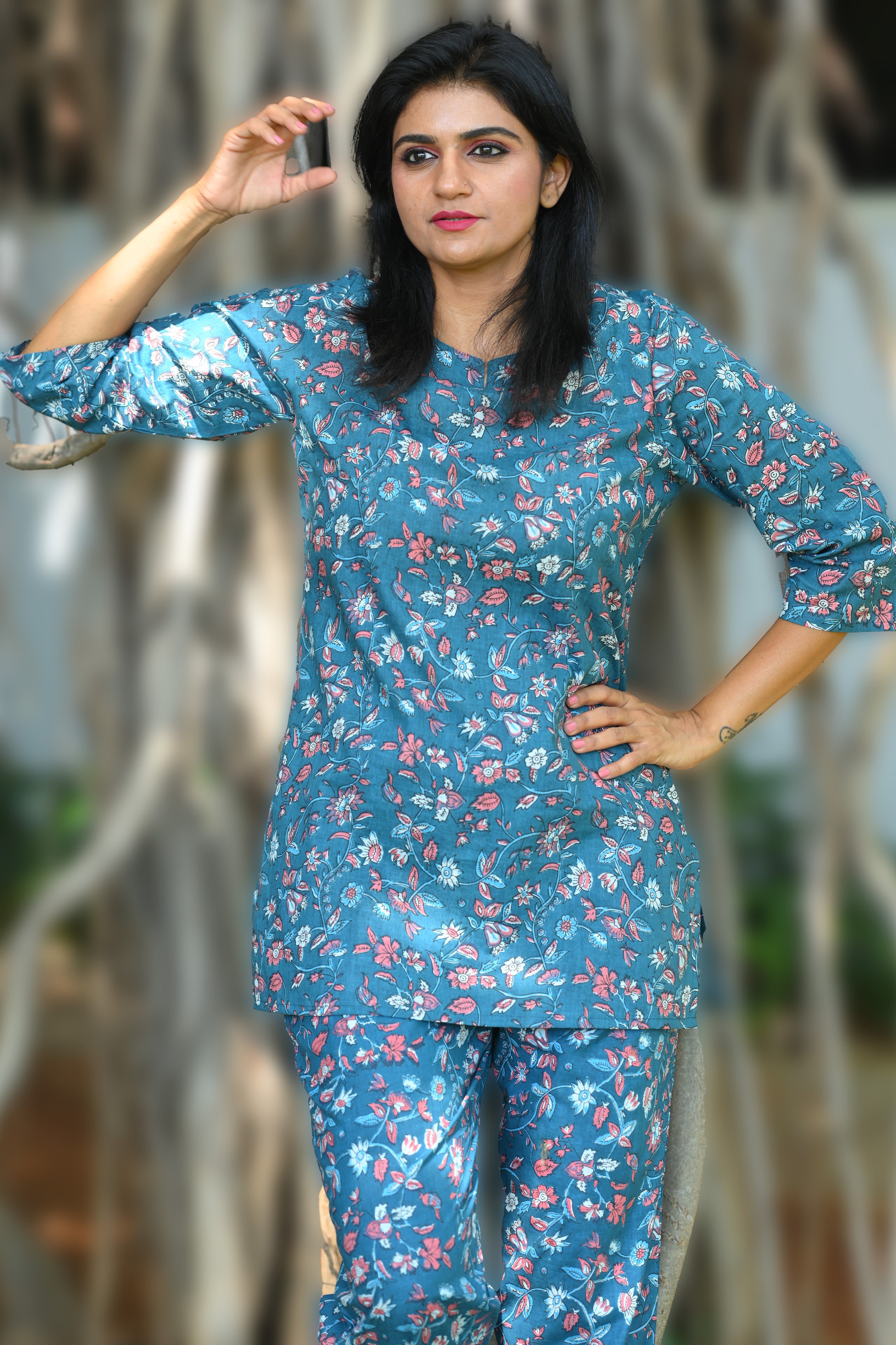 Navy Floral Cotton Printed Pyjama Set