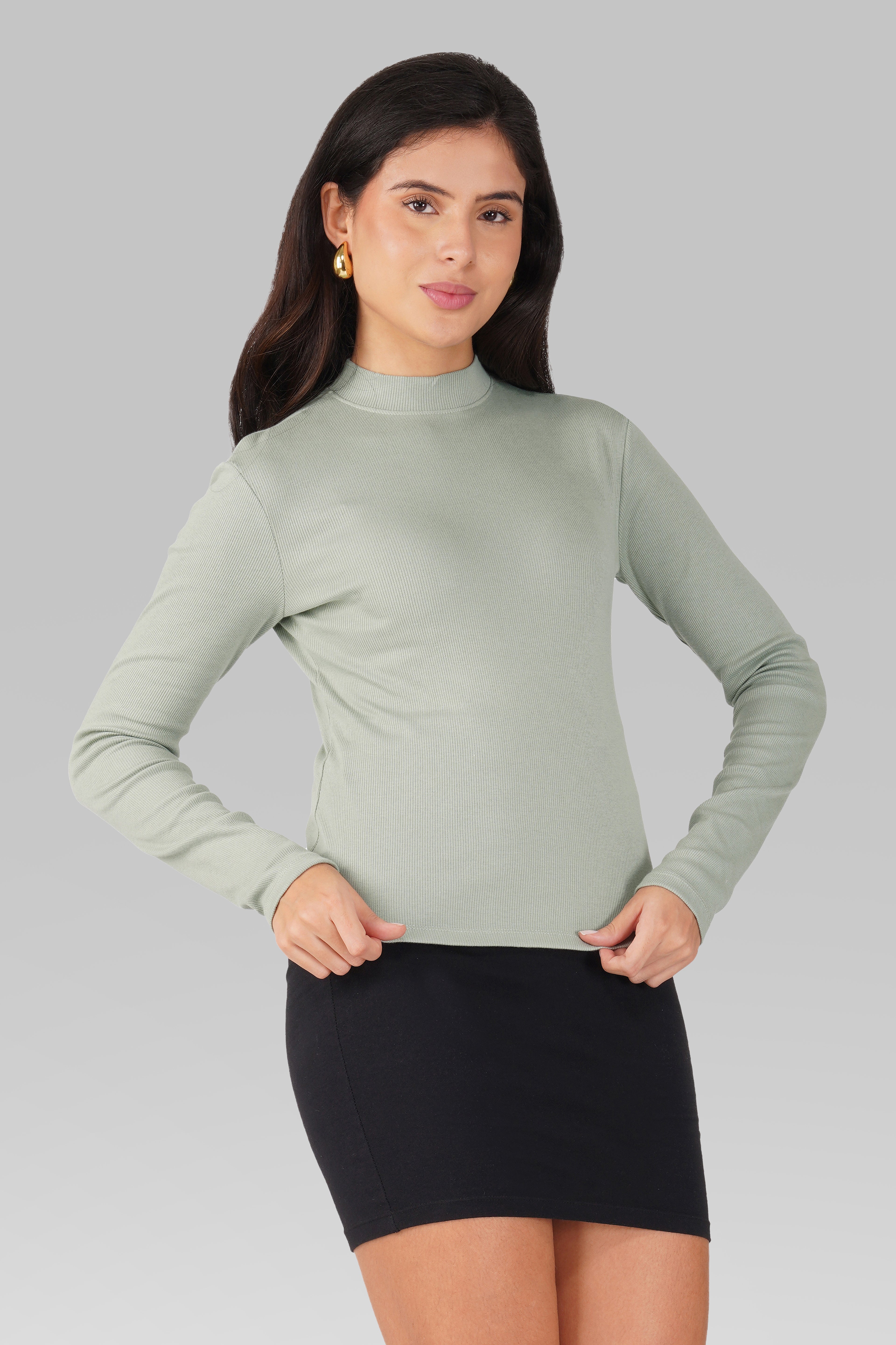 Sea Green Ribbed Mock Neck Long Sleeve Top