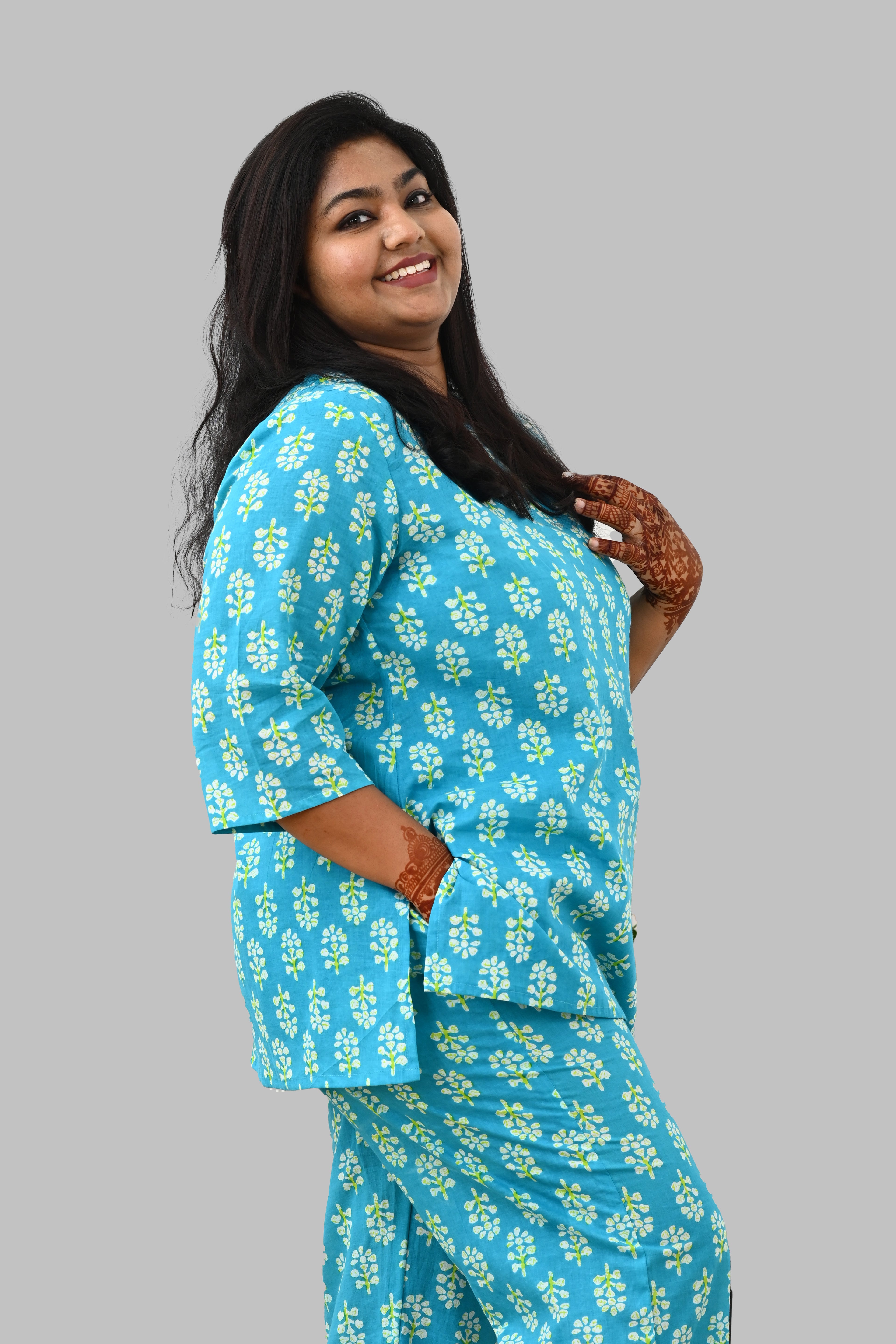 Sea Blue Plus Size Cotton Printed Pyjama Set