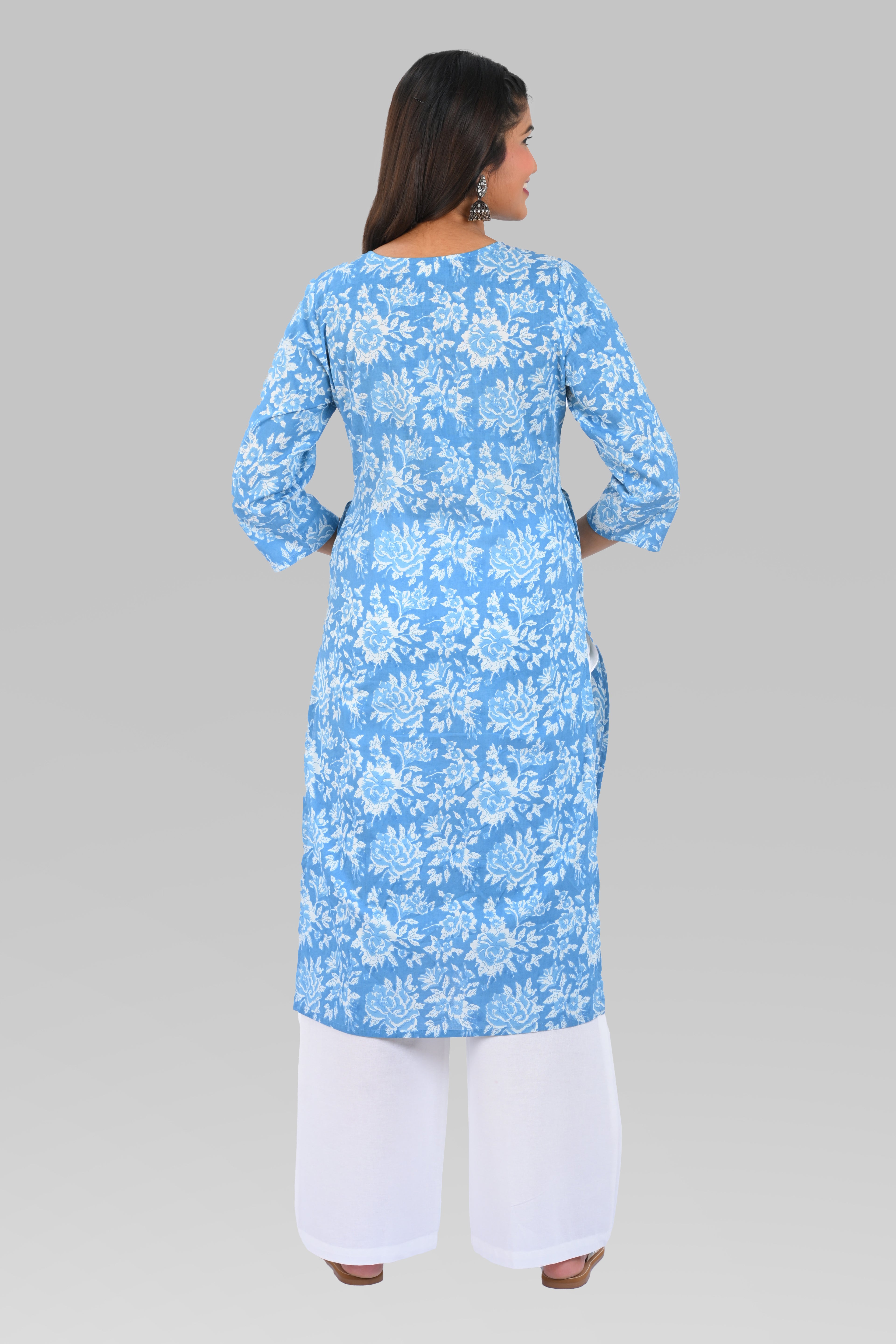 Sky Blue Cotton Printed Long Kurta