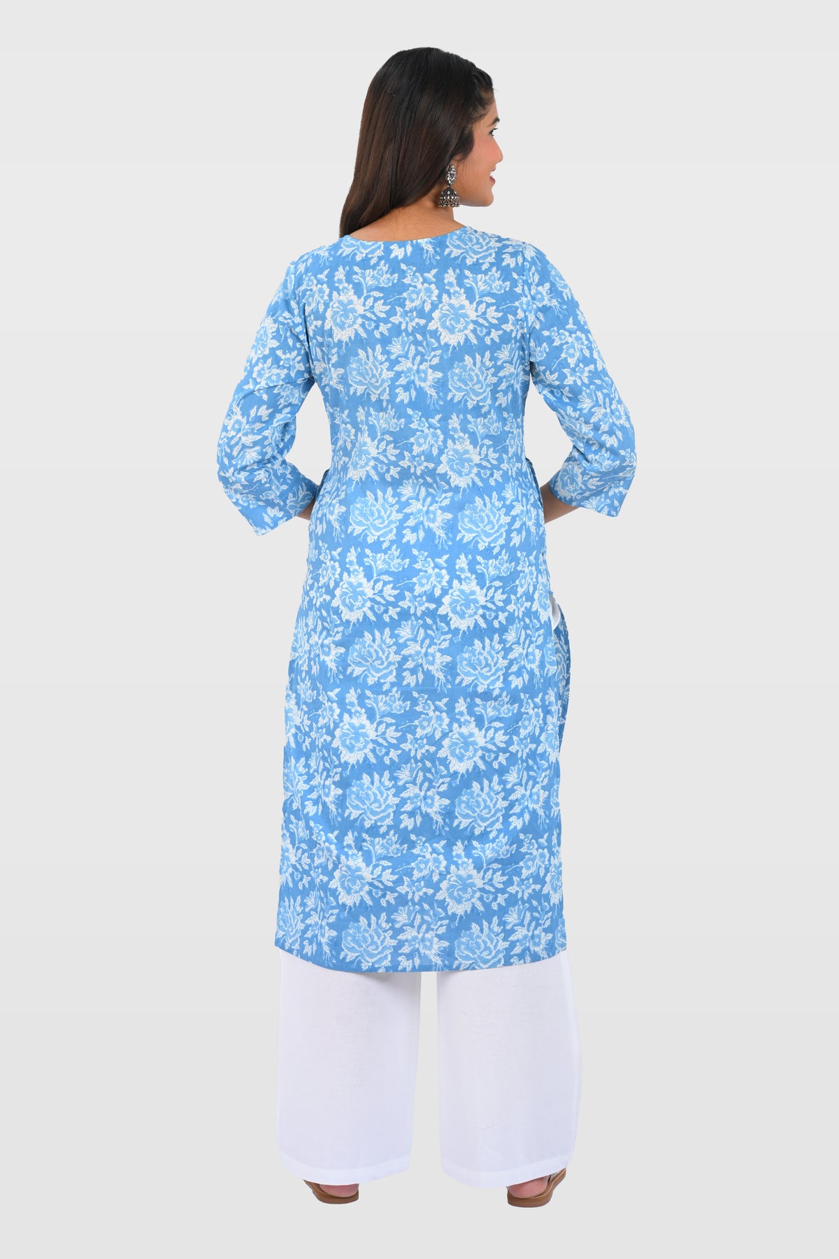 Sky Blue Cotton Printed Long Kurta