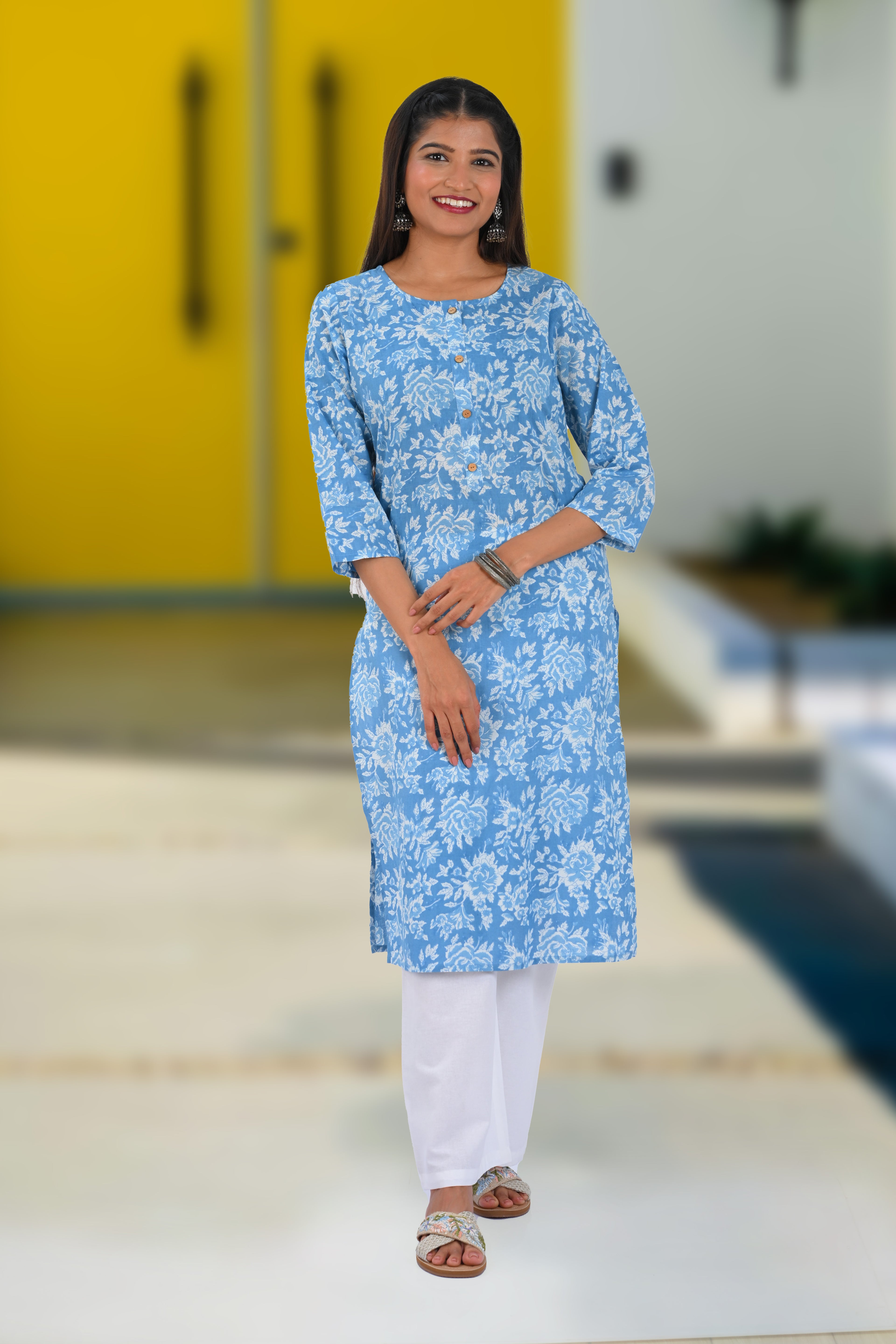 Sky Blue Cotton Printed Long Kurta