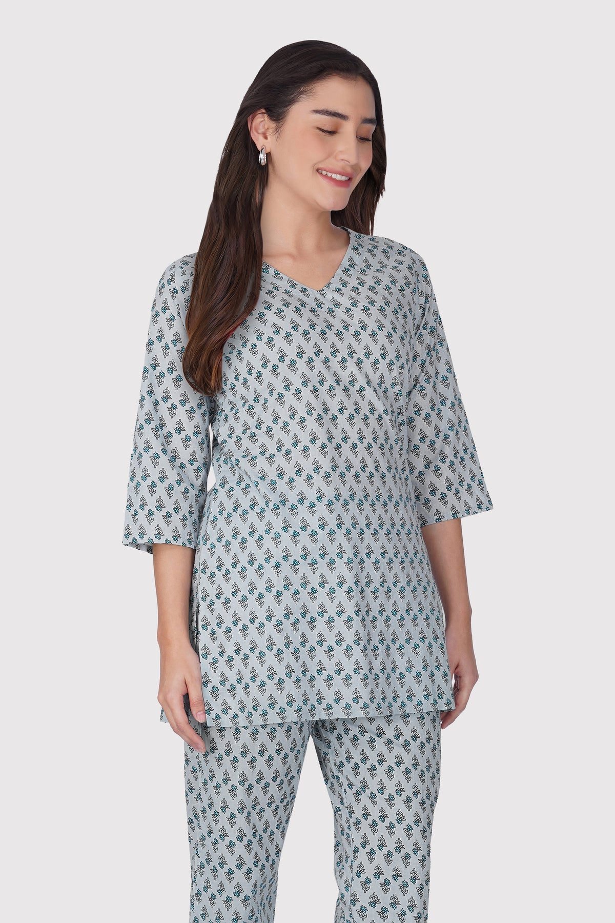 Sky Blue V Neck Cotton Printed Pyjama Set