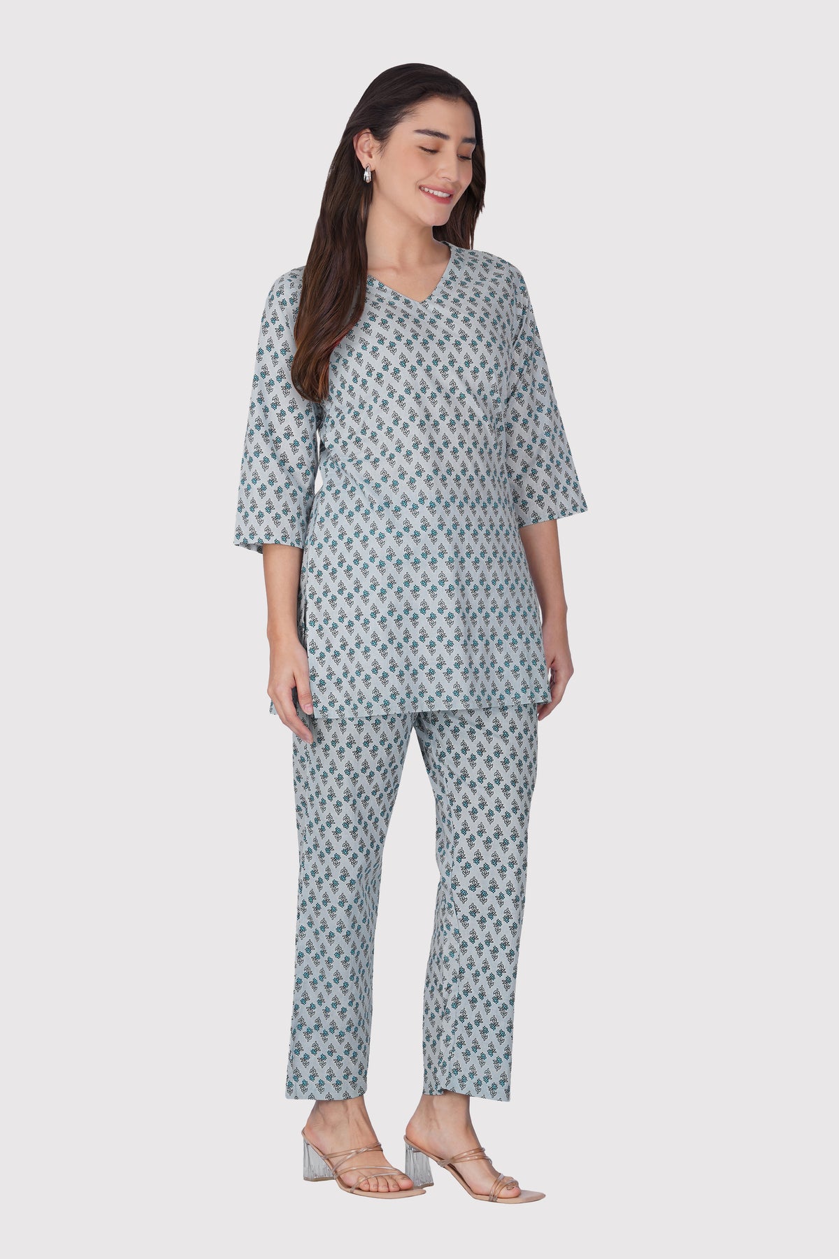 Sky Blue V Neck Cotton Printed Pyjama Set