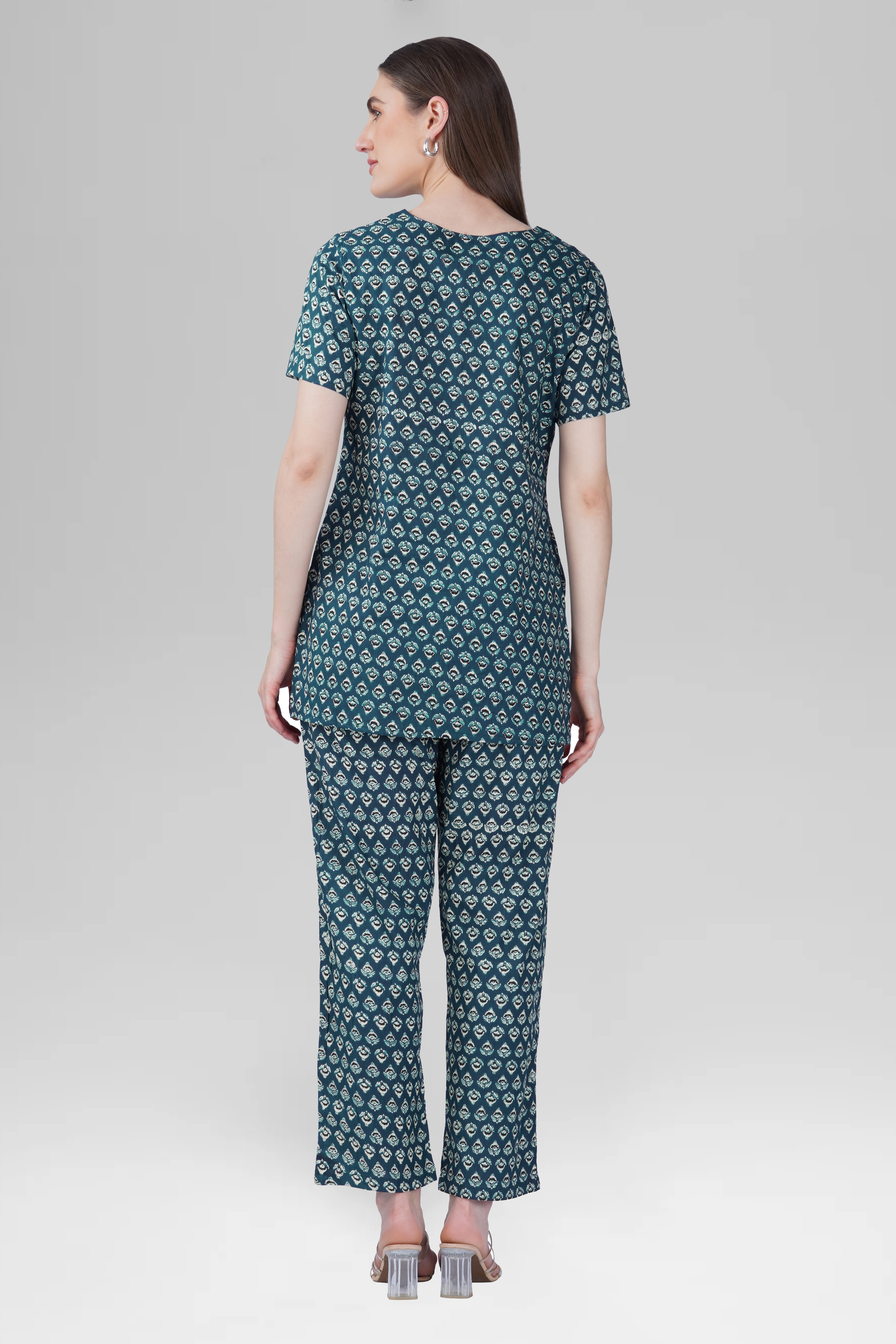Slate Blue V Neck Cotton Printed Pyjama Set
