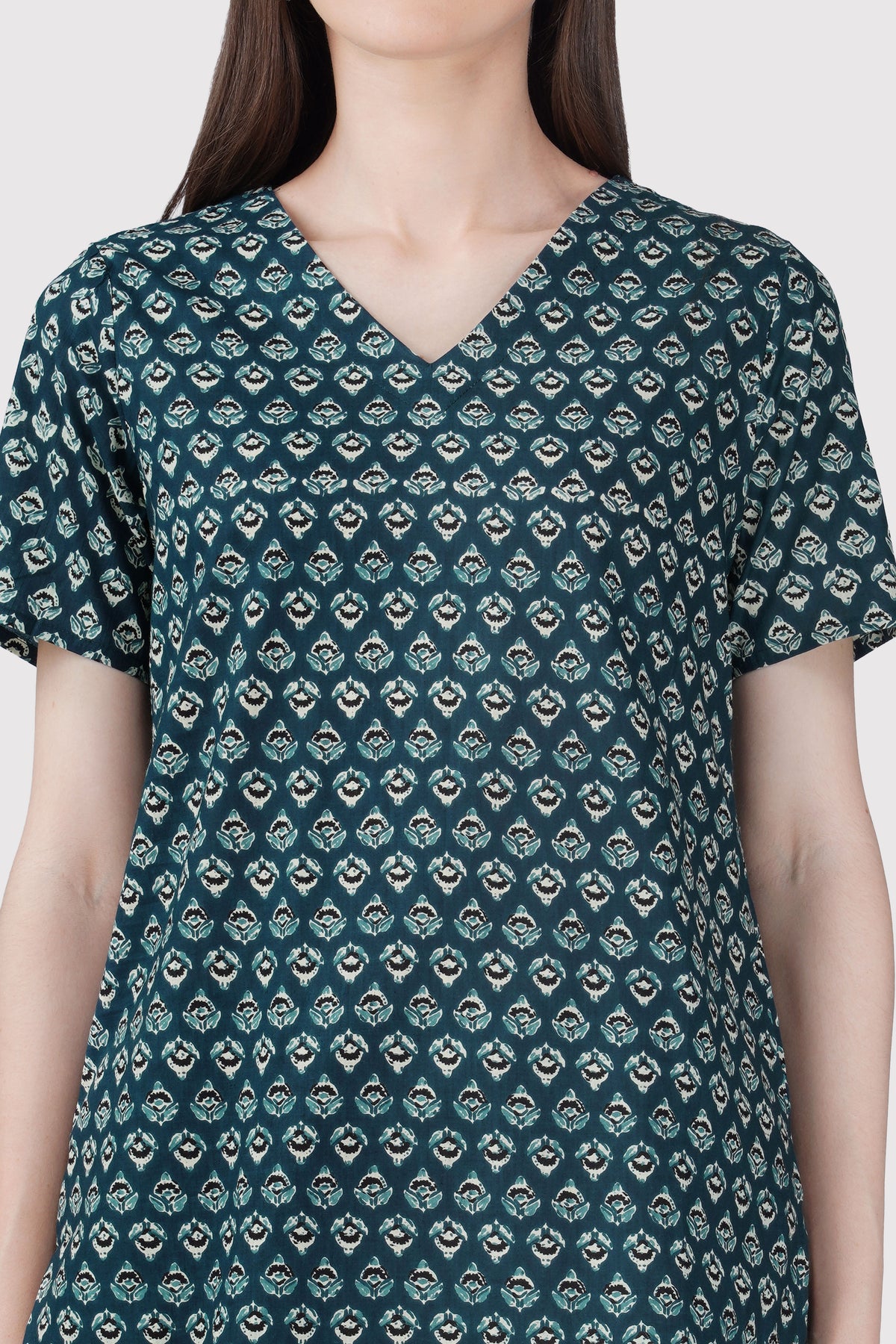 Slate Blue V Neck Cotton Printed Pyjama Set