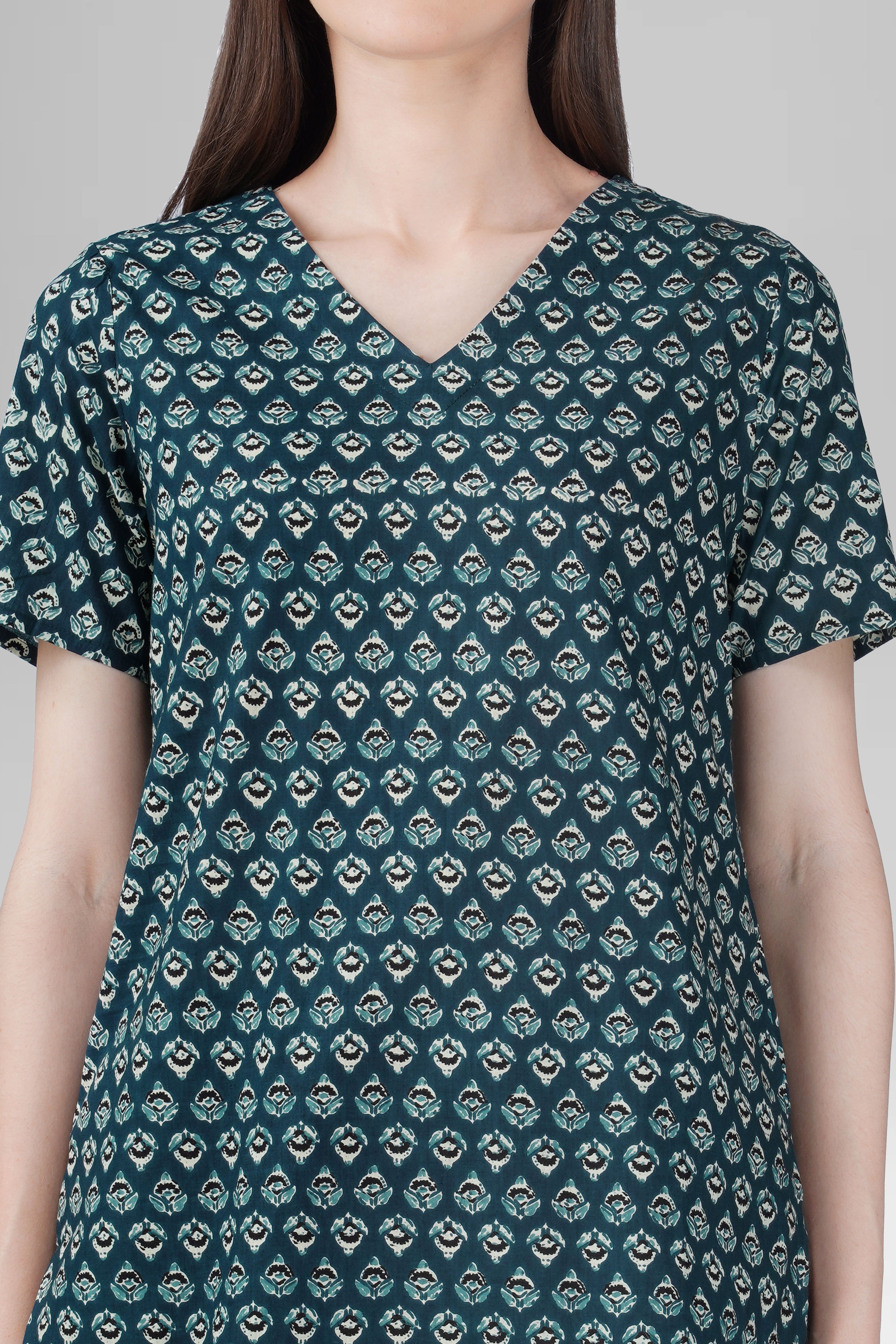 Slate Blue V Neck Cotton Printed Pyjama Set