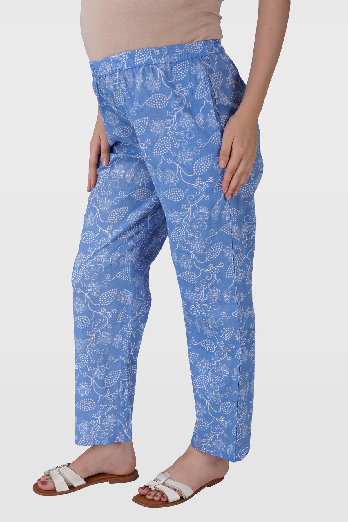 Soft Blue Cotton Printed Maternity and Feeding Pyjama Set