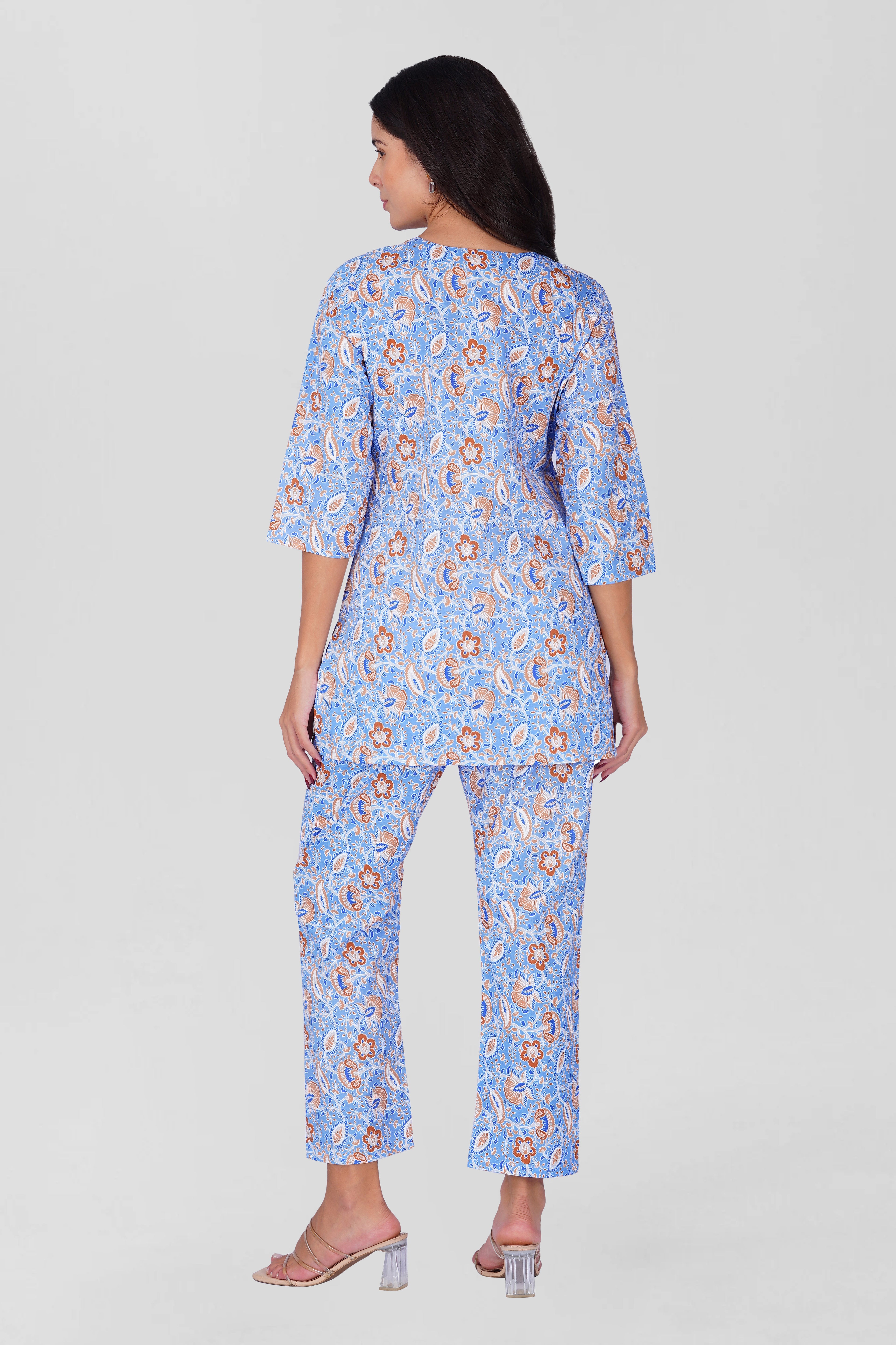 Soft Blue V Neck Cotton Printed Pyjama Set