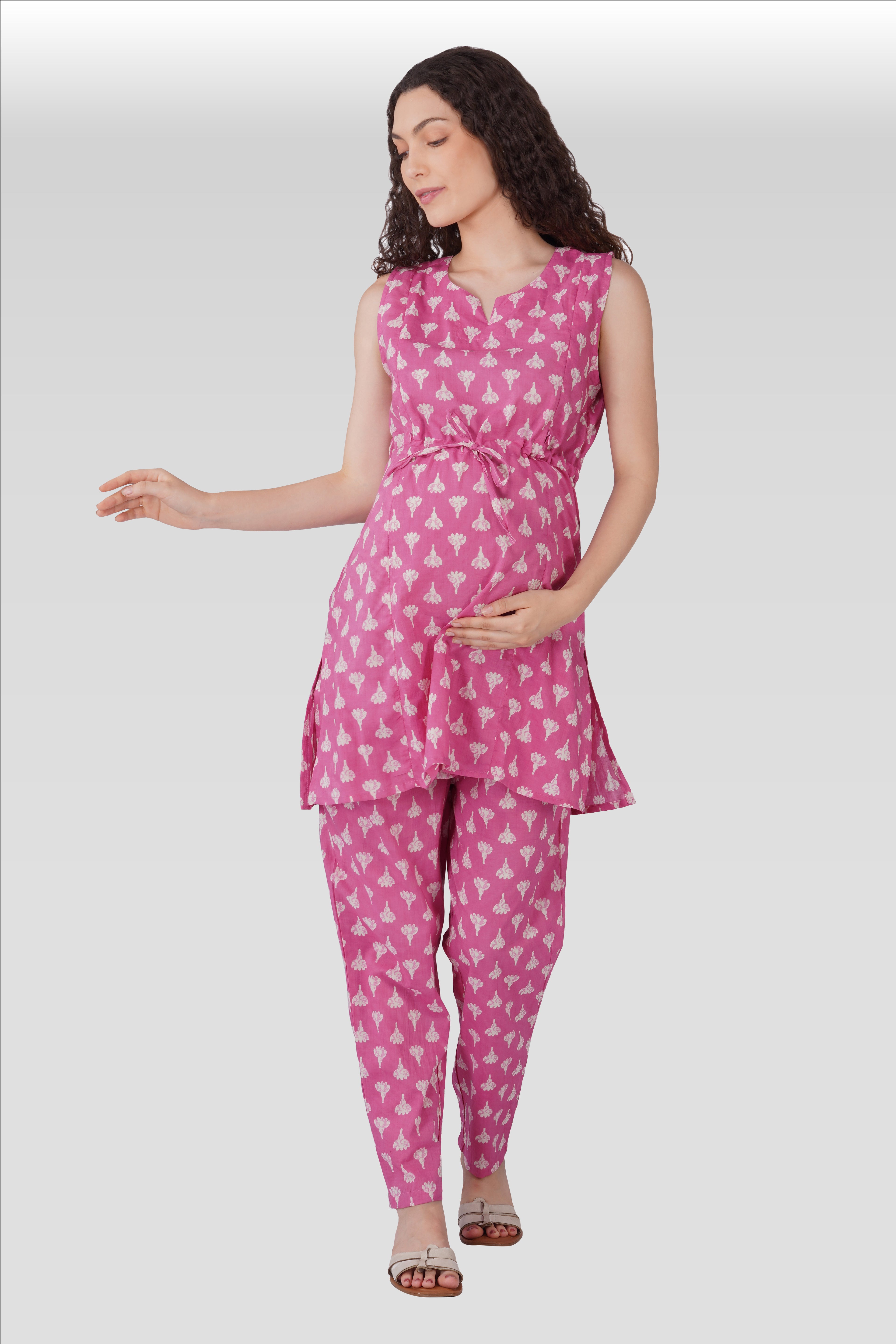 Soft Magenta Cotton Printed Maternity and Feeding Kurta Set