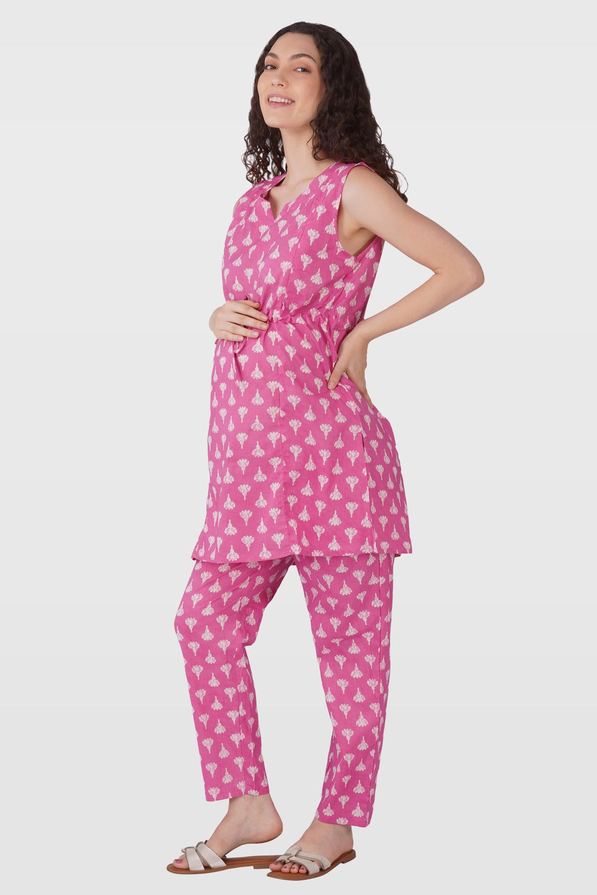 Soft Magenta Cotton Printed Maternity and Feeding Kurta Set