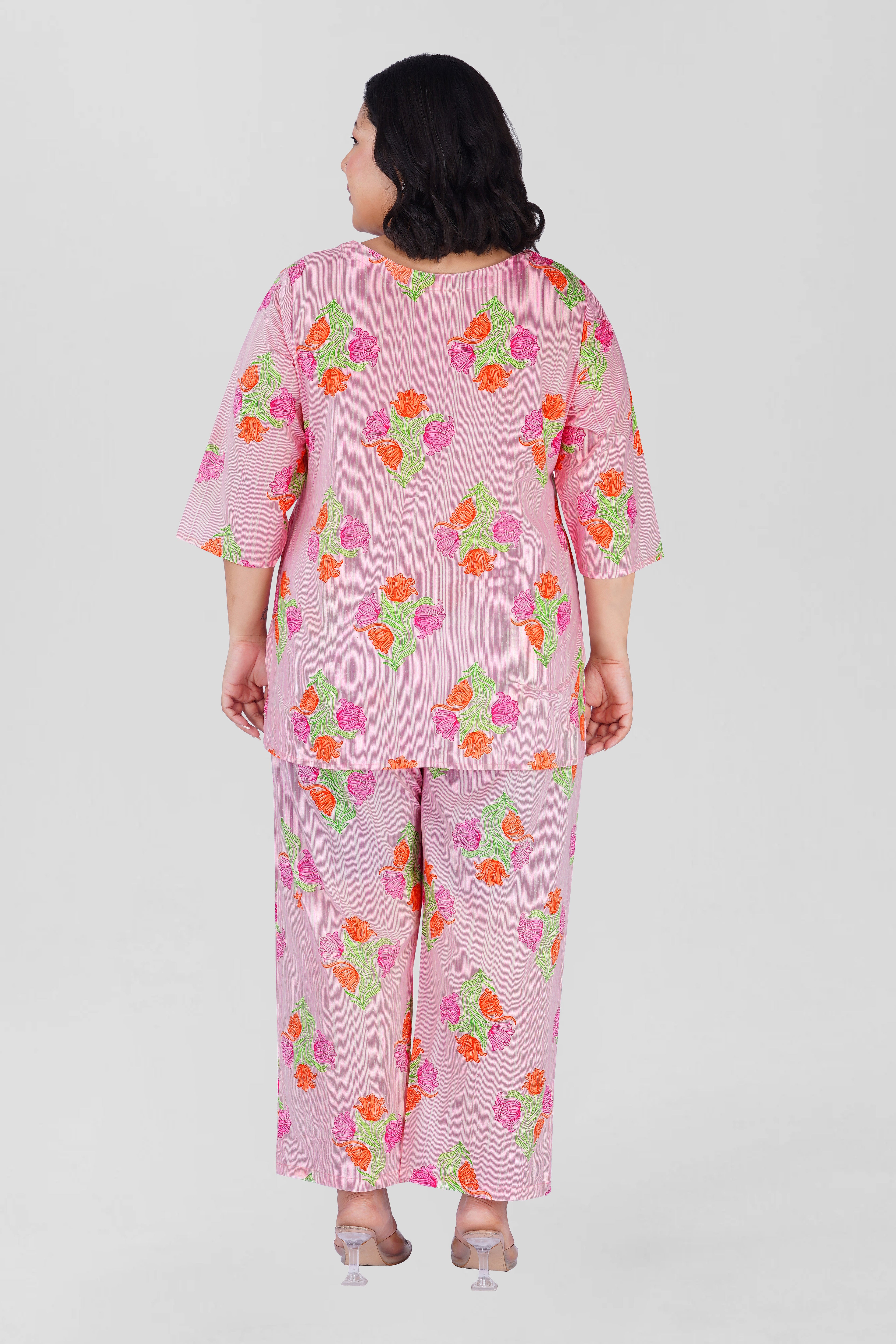 Soft Pink Plus Size Cotton Printed Pyjama Set