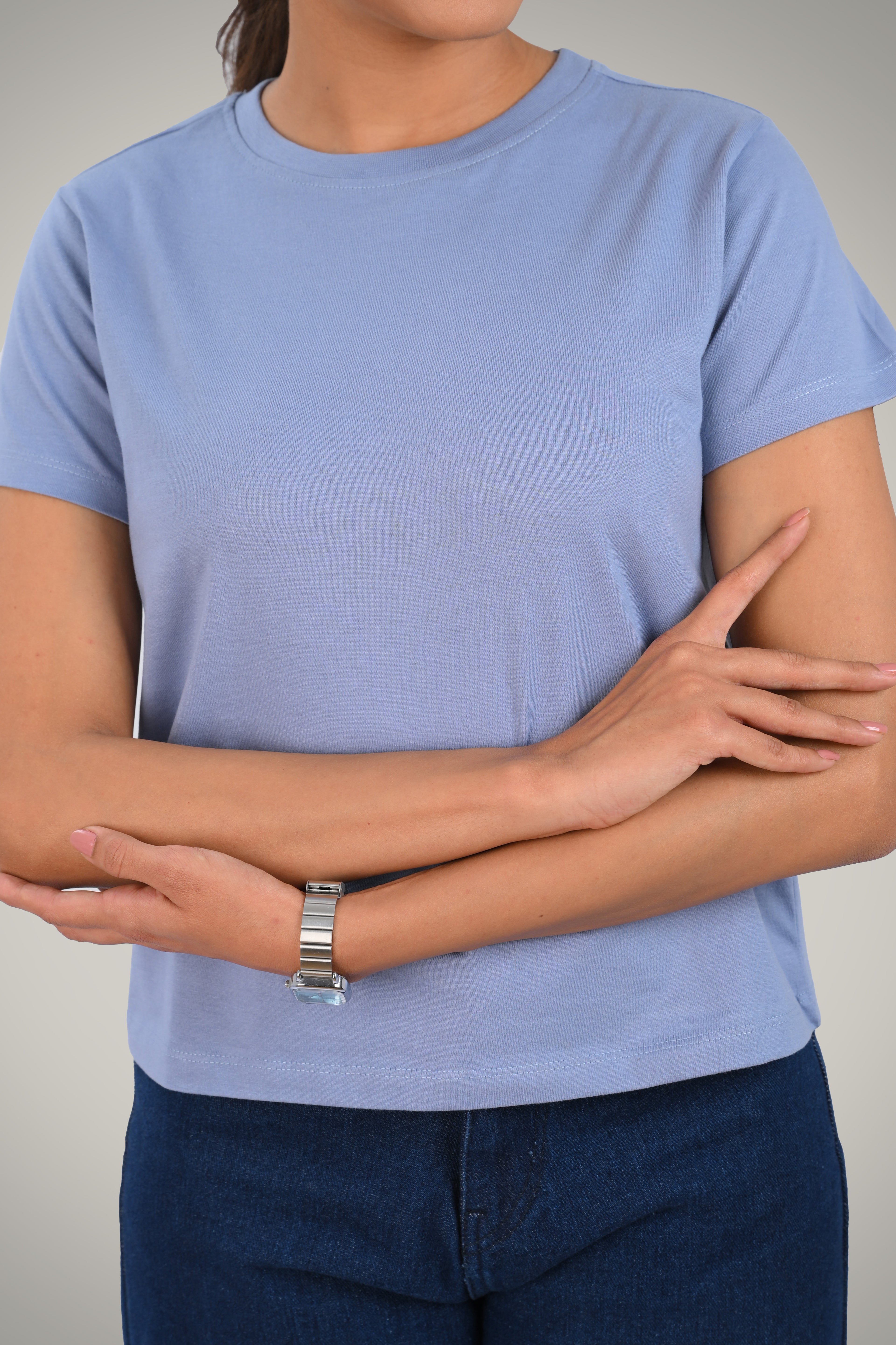 Steel Blue Cotton Crew Neck T-Shirt