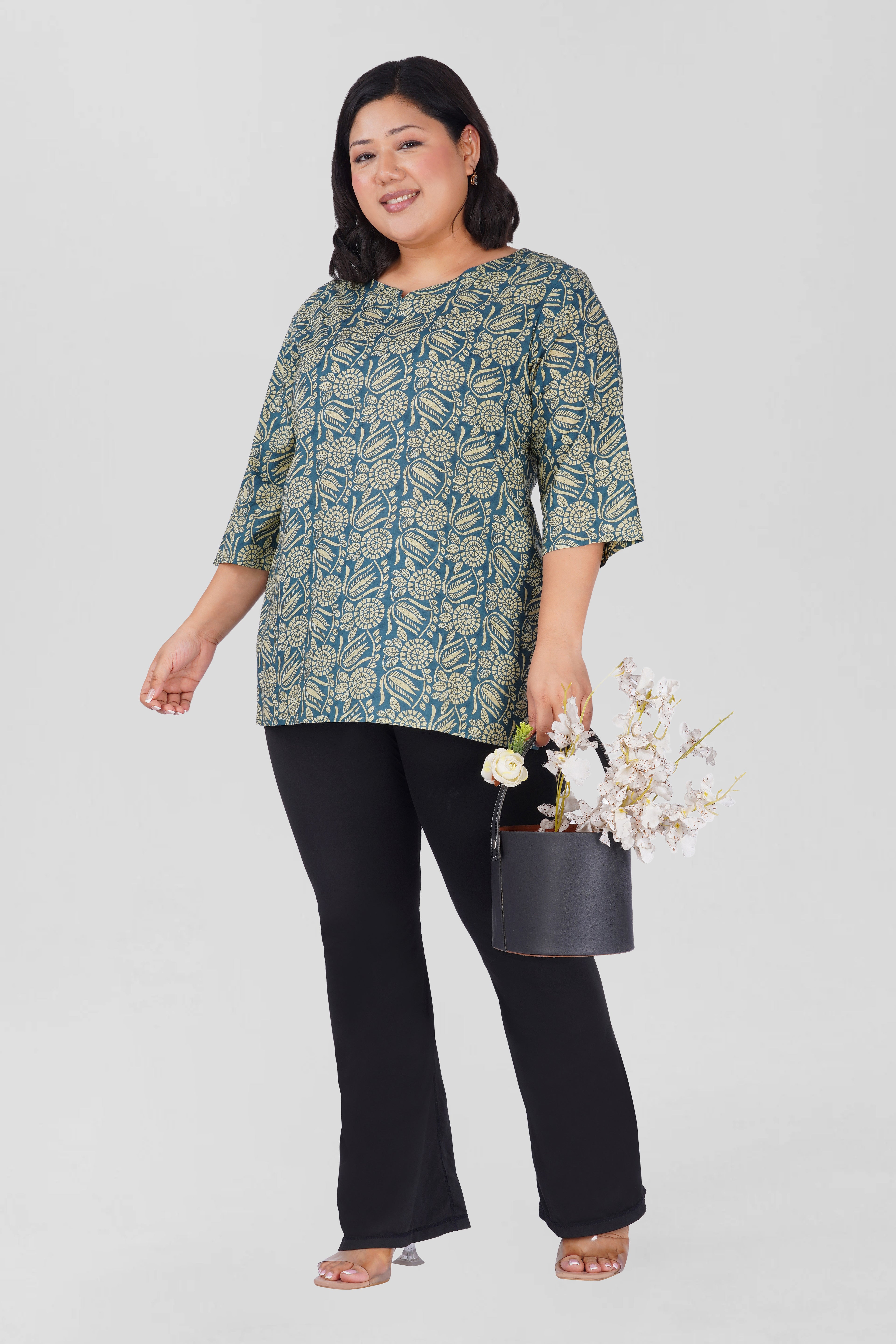 Steel Blue Plus Size Cotton Printed Kurti