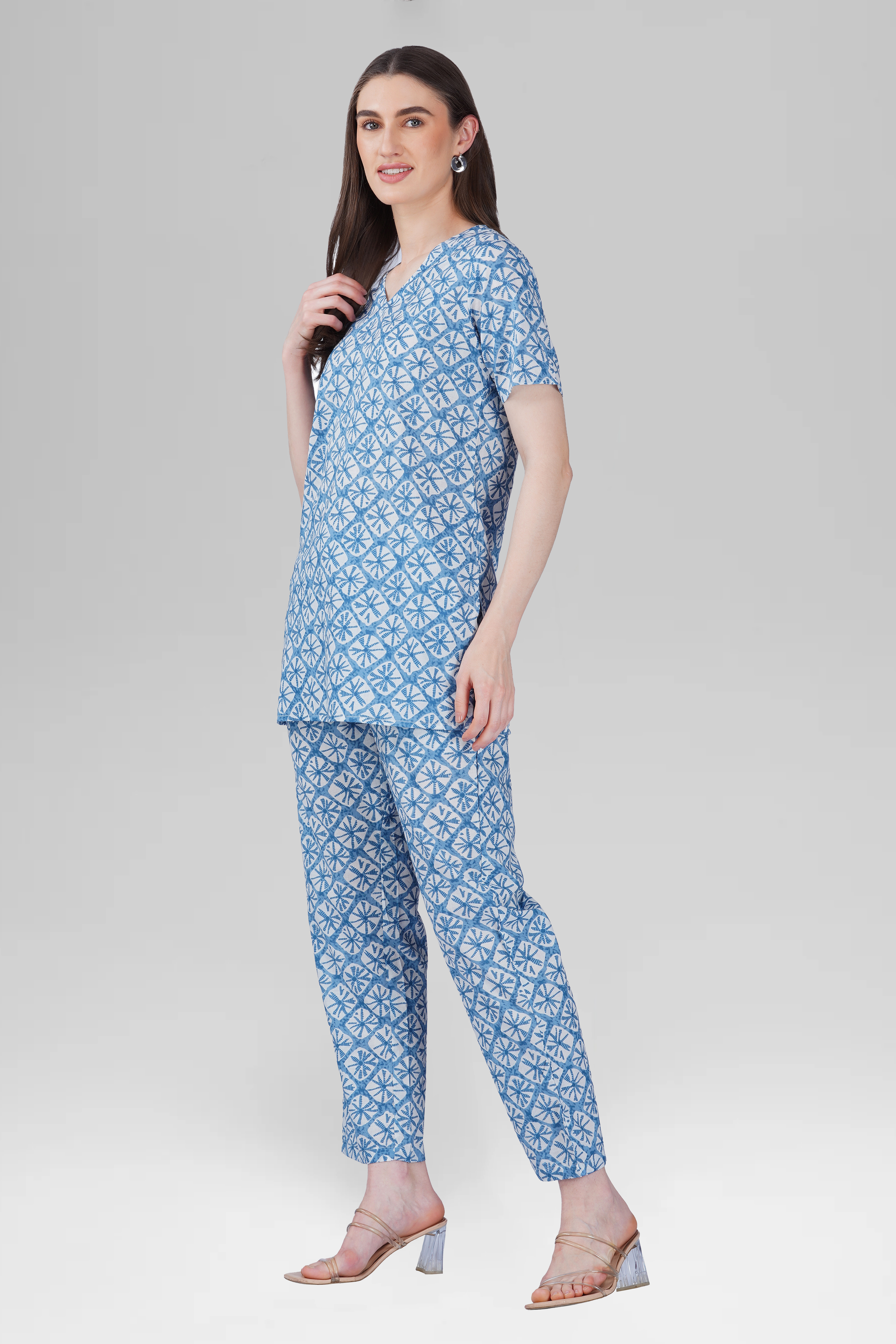 Steel Blue V Neck Cotton Printed Pyjama Set