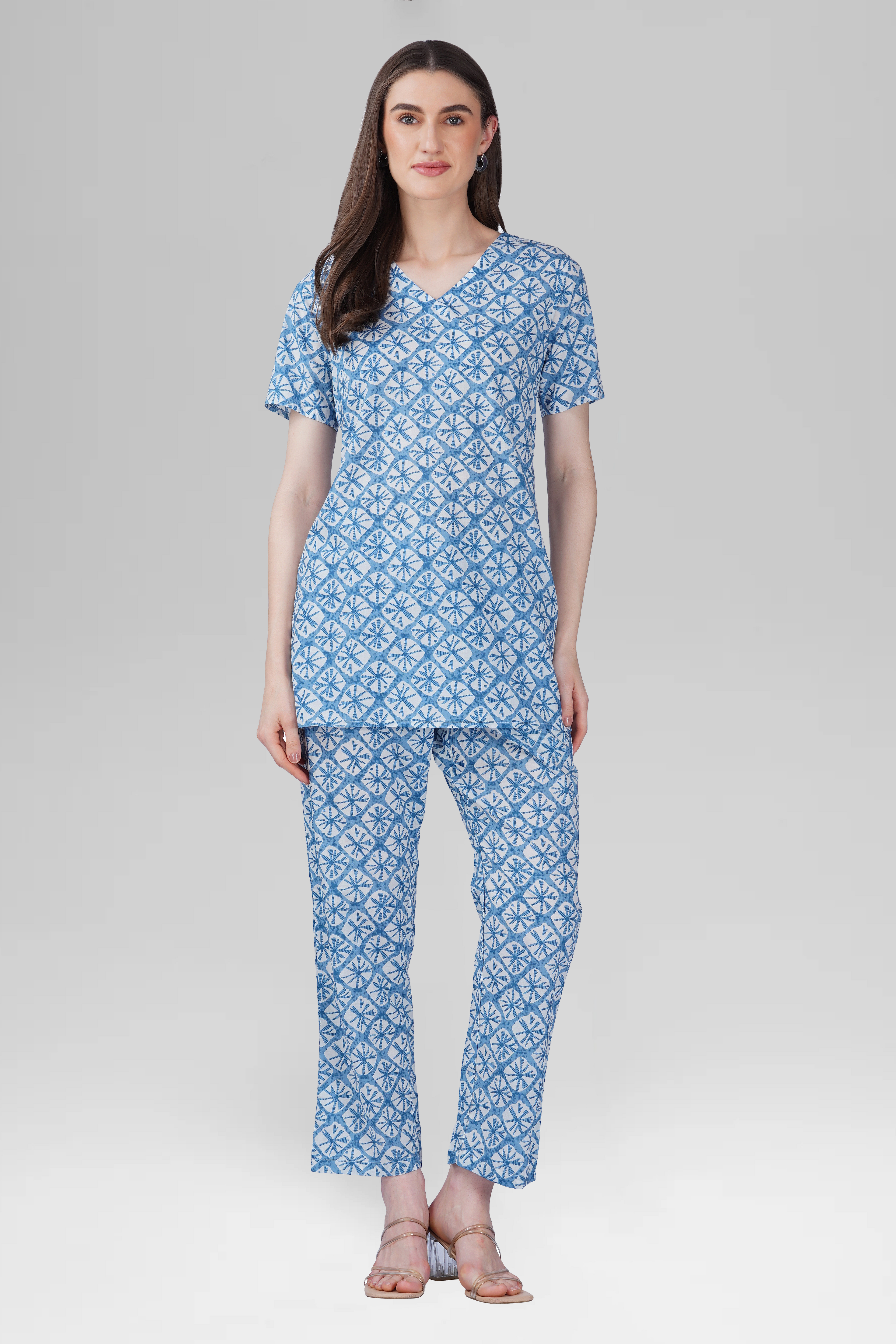 Steel Blue V Neck Cotton Printed Pyjama Set