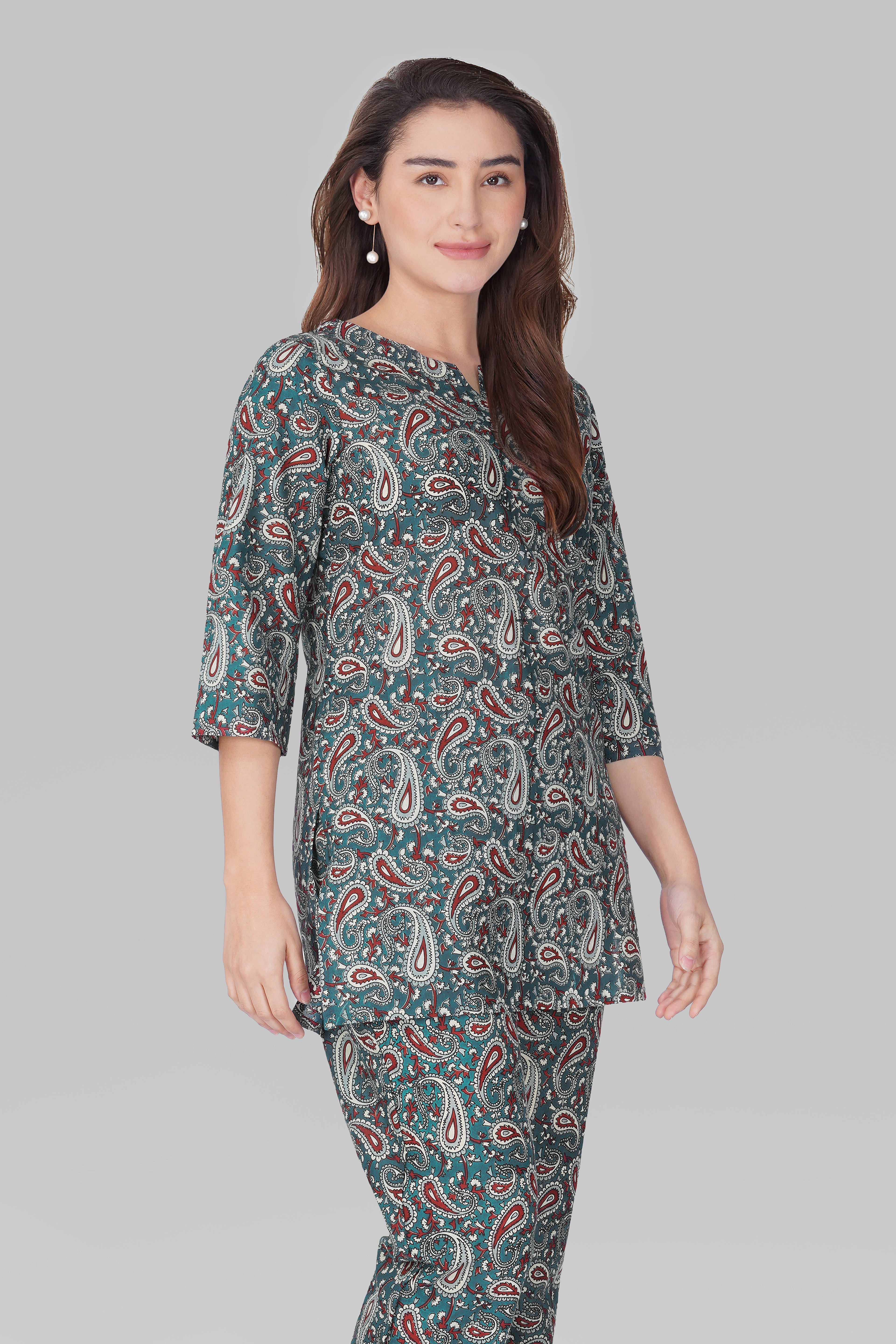 Teal Blue Cotton Printed Pyjama Set