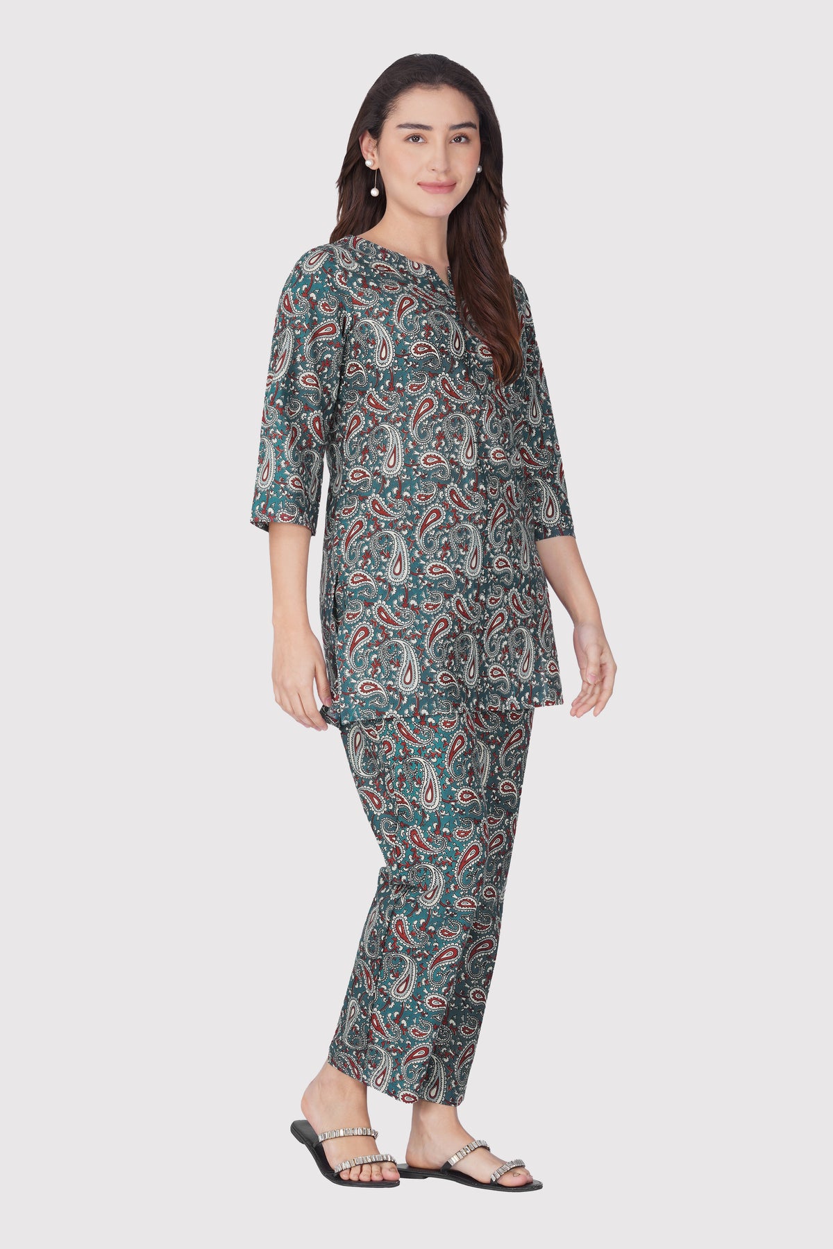 Teal Blue Cotton Printed Pyjama Set